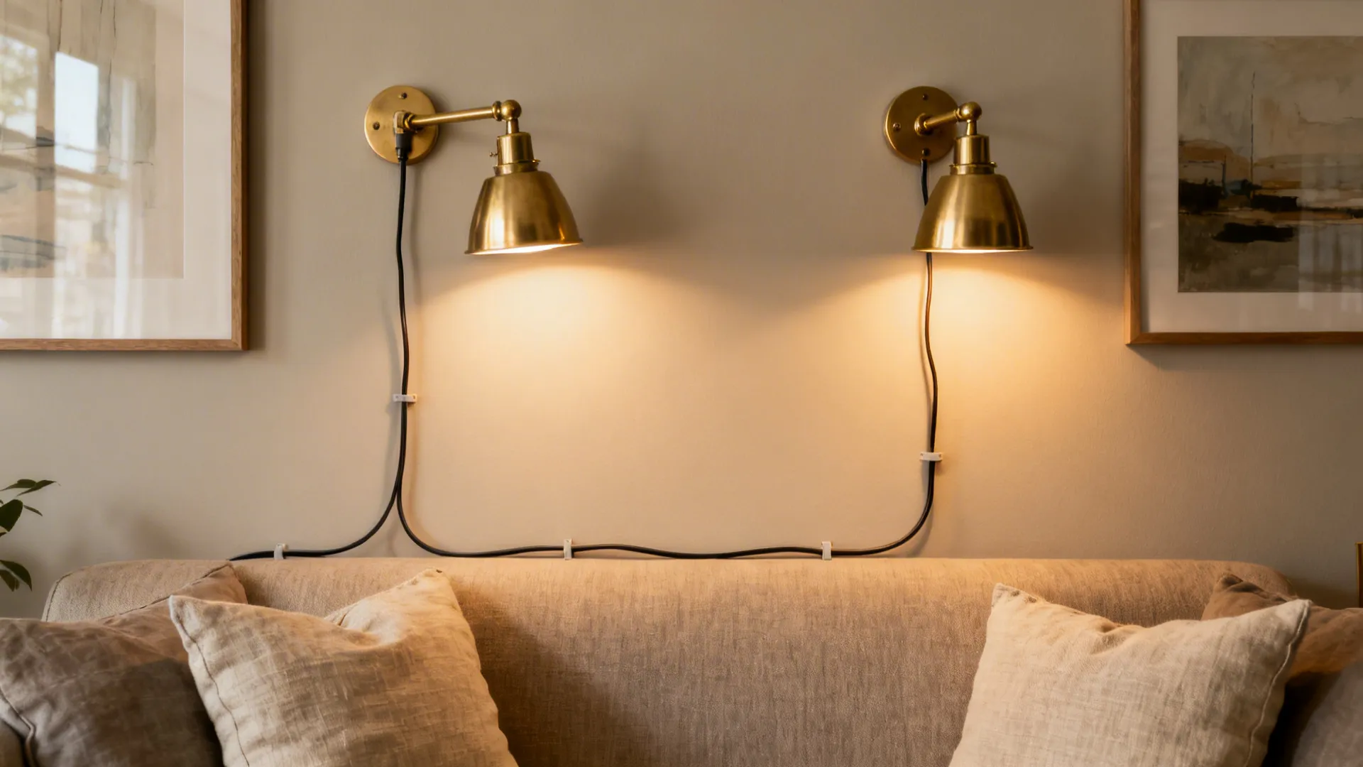 Plug-in brass wall sconces with neat cord channels adding warm ambient light in a rental living room.