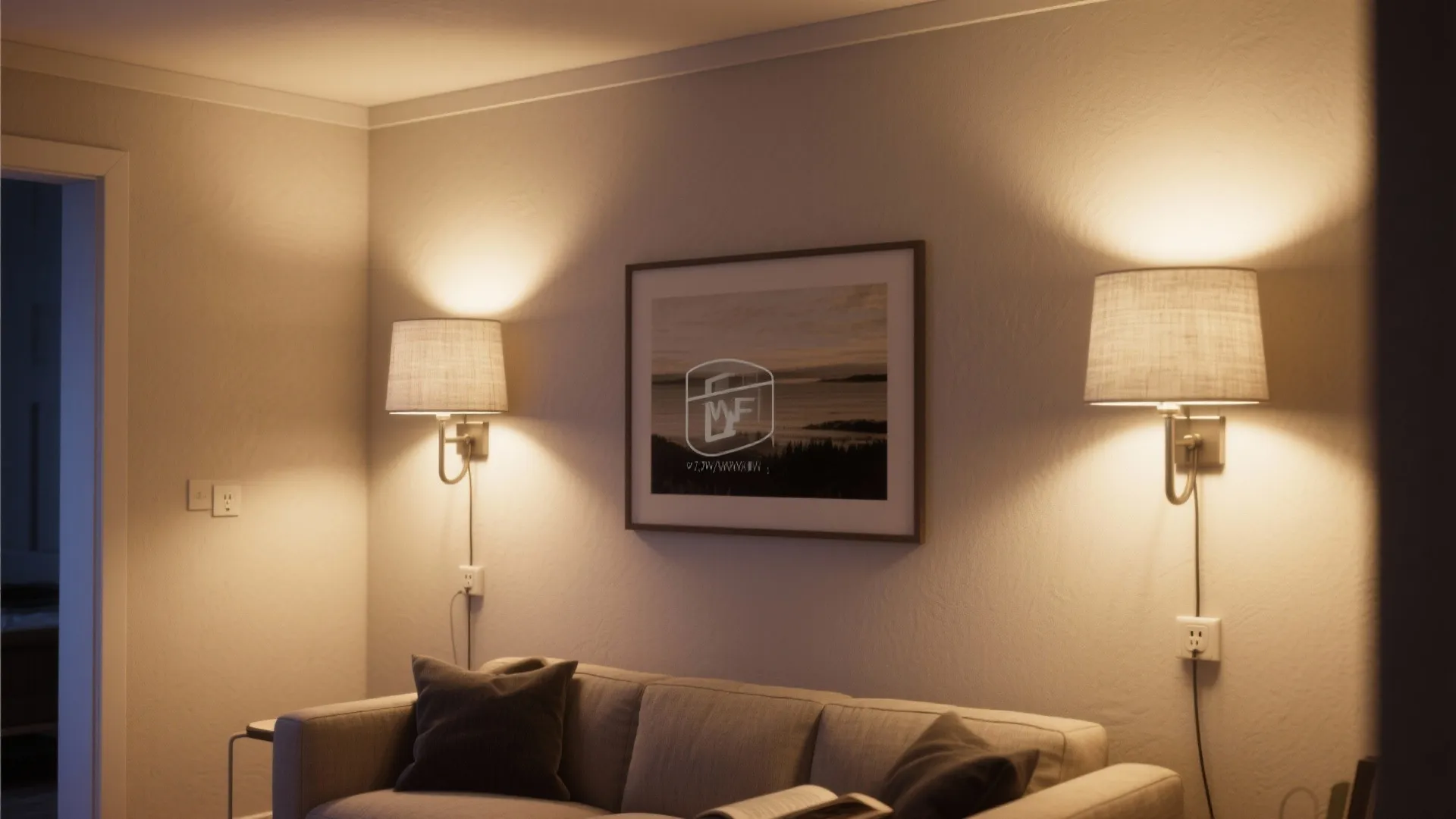 Plug-in sconces with fabric shades beside a sofa, cords hidden, creating warm eye-level light.