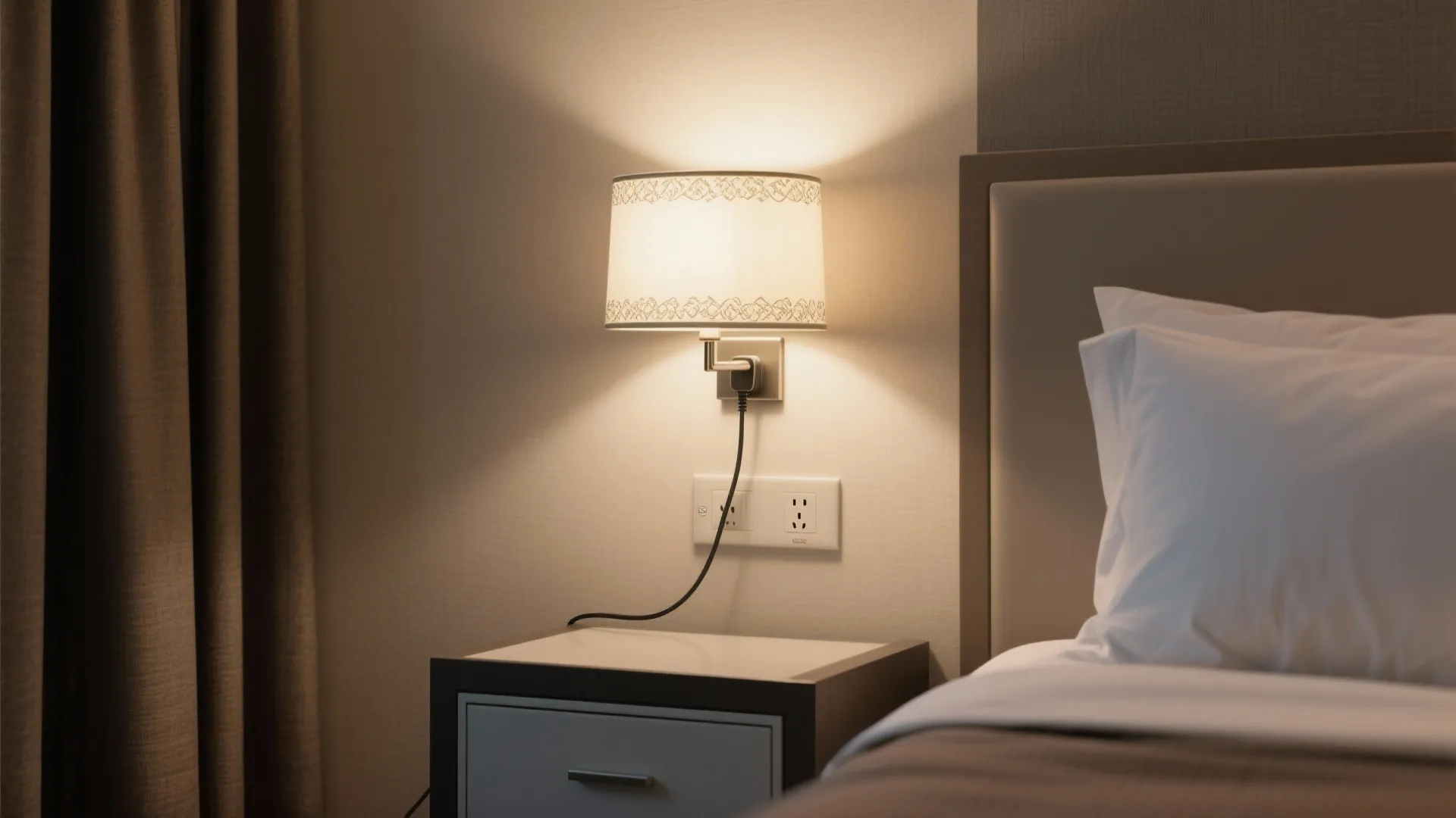 Warm wall light with plug in cord above a bedroom nightstand next to a comfortable bed