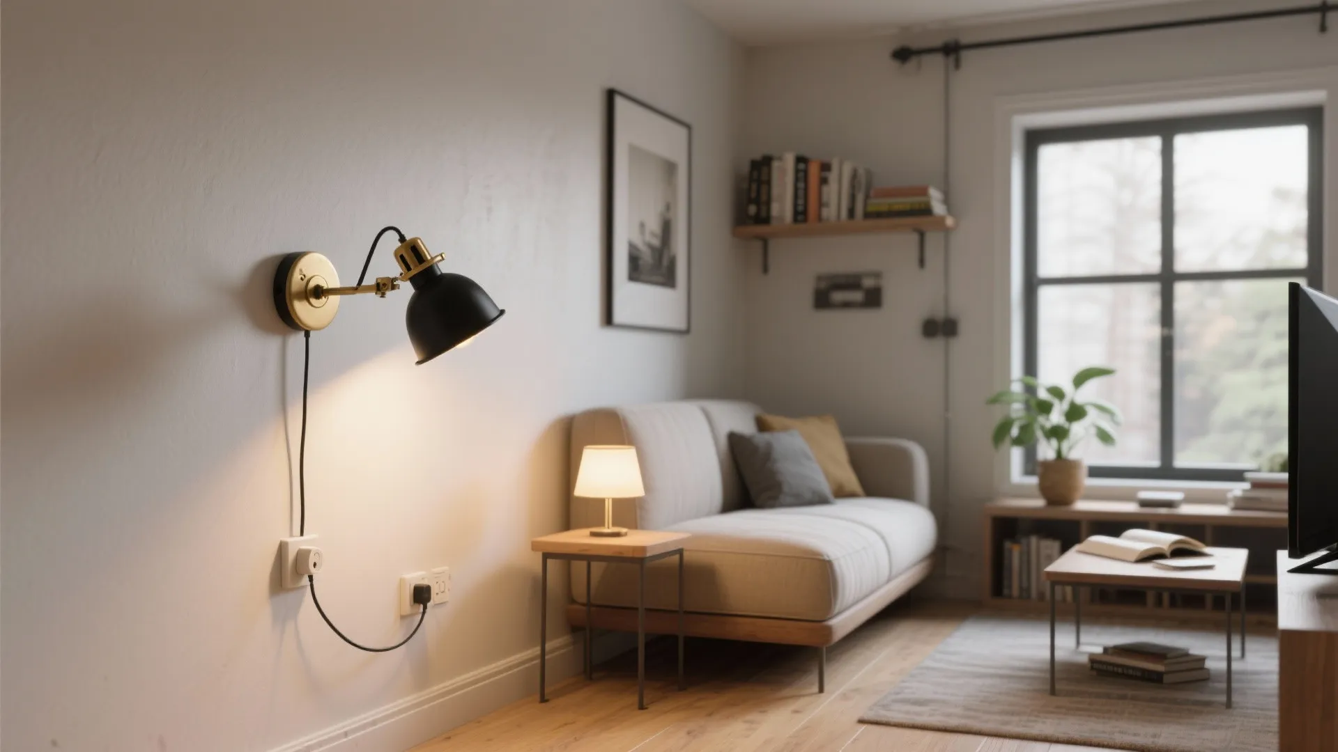 Micro-loft nook with a plug-in swing-arm sconce providing adjustable task light beside a compact sofa.