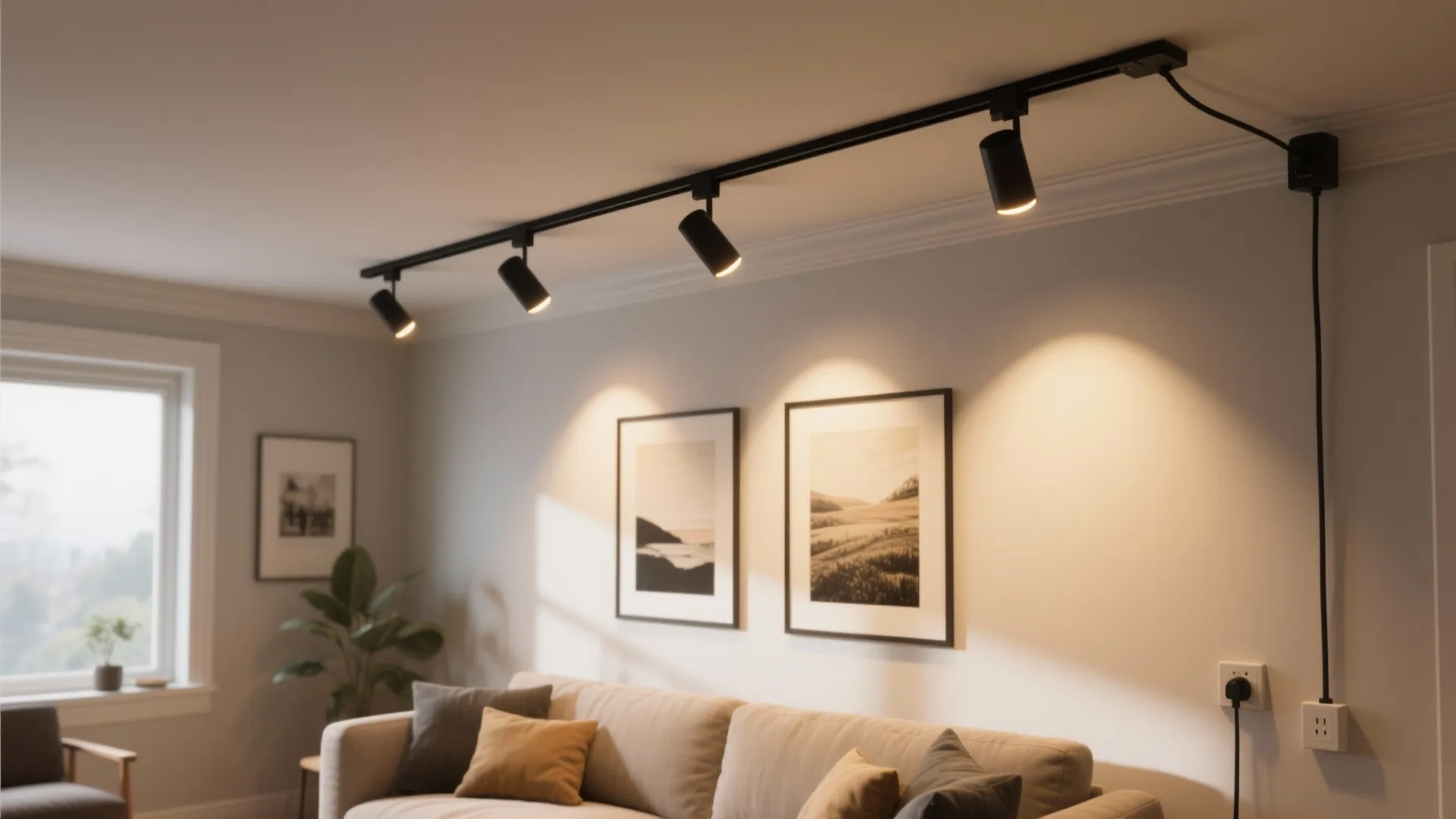 Black track light fixture on ceiling illuminating a sofa and wall art in living room