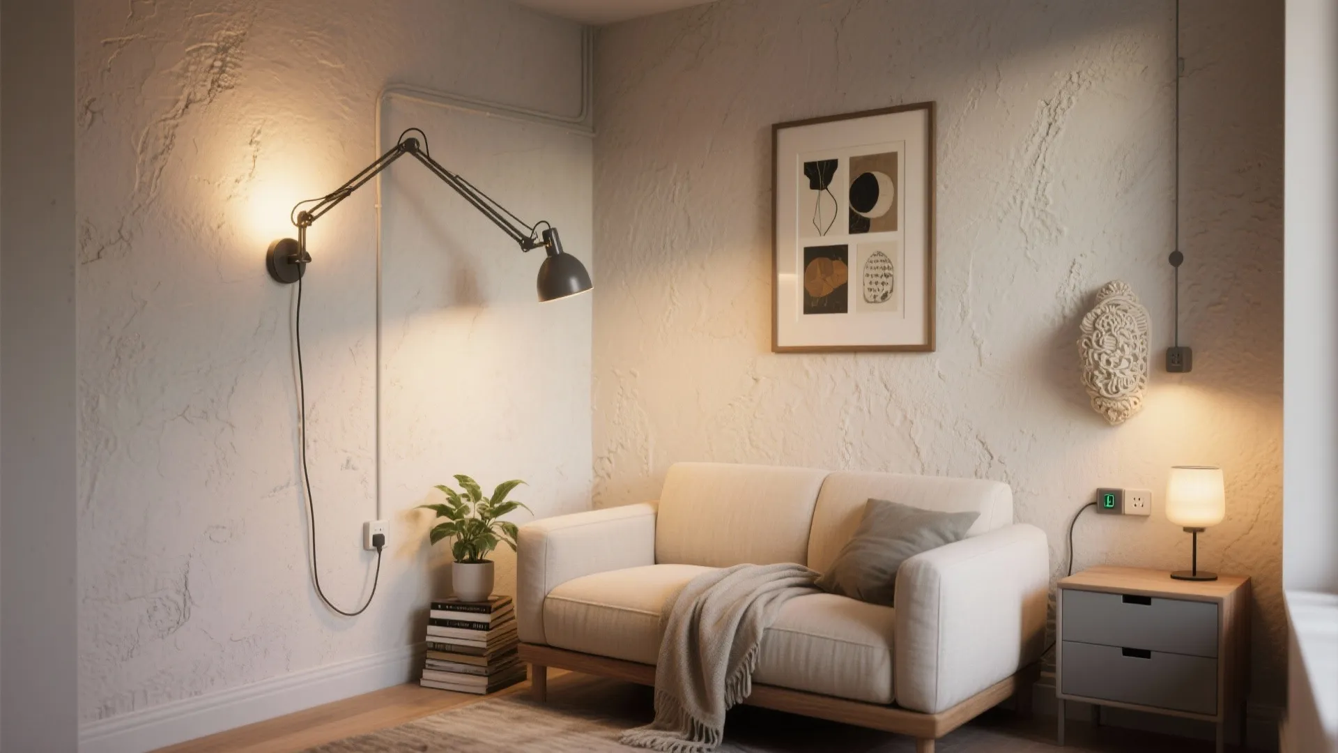 Modern cozy living room featuring white sofa swing arm wall light and small side table lamp