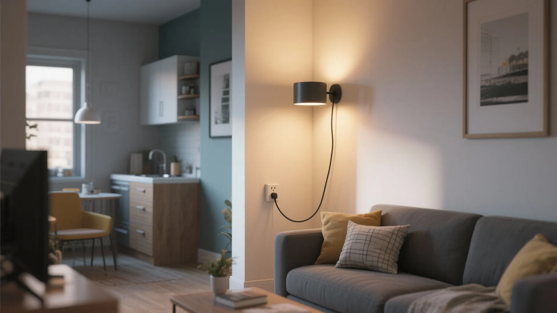Modern plug-in wall sconce in small apartment living room