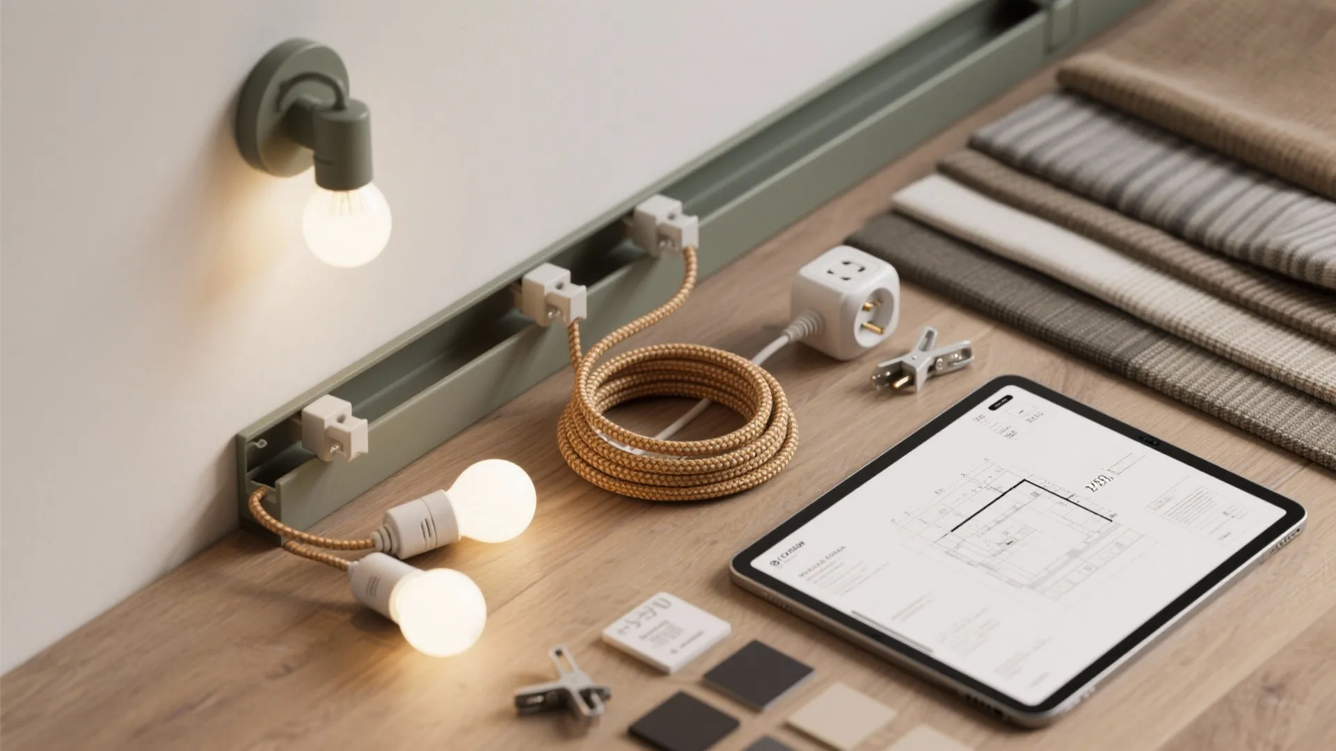 Flatlay of LED bulbs, braided cords, cord channels, clamps and a tablet with a floor planner