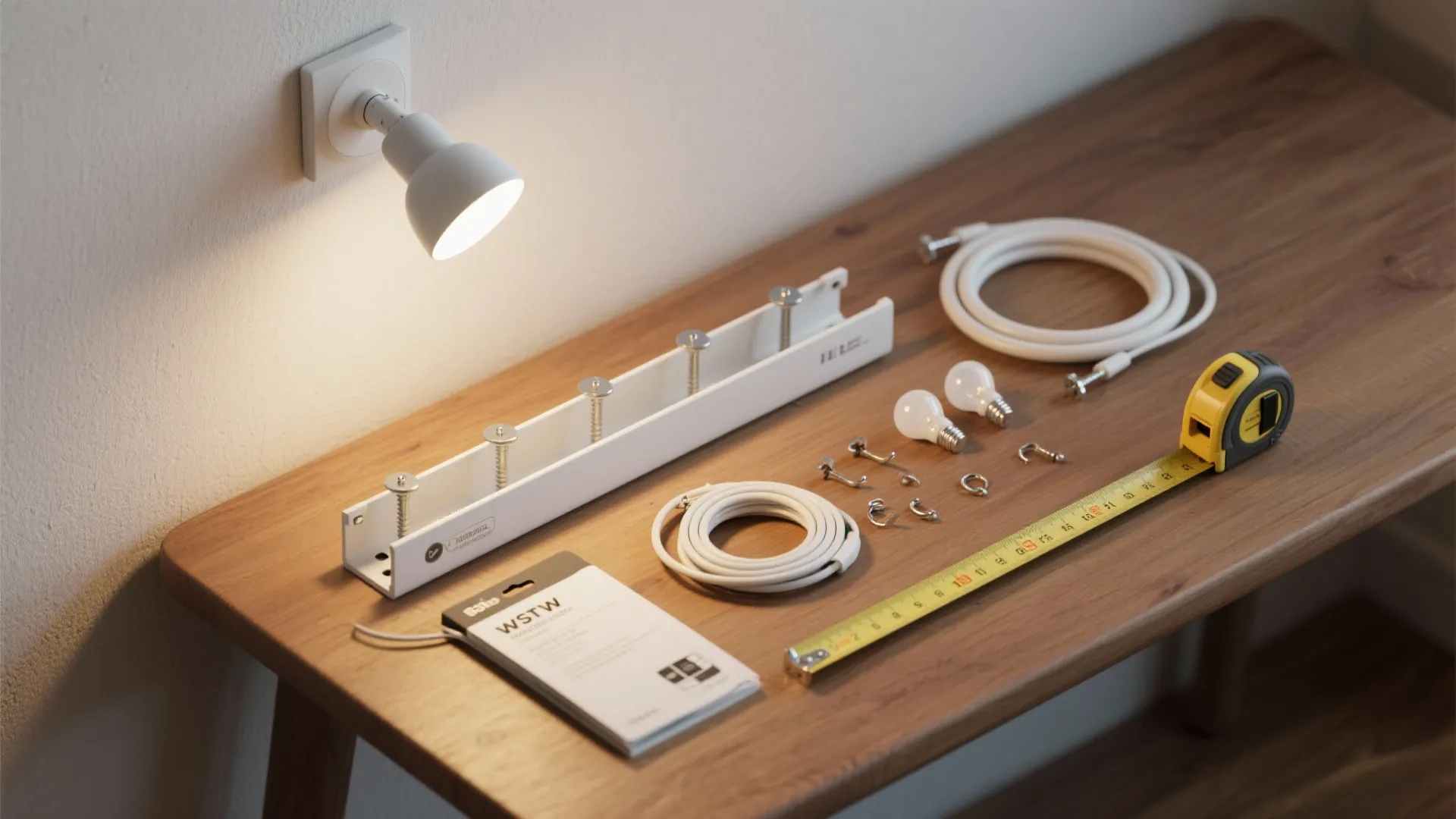 DIY lighting kit tools on wooden table with wall light bulbs cables and yellow tape measure