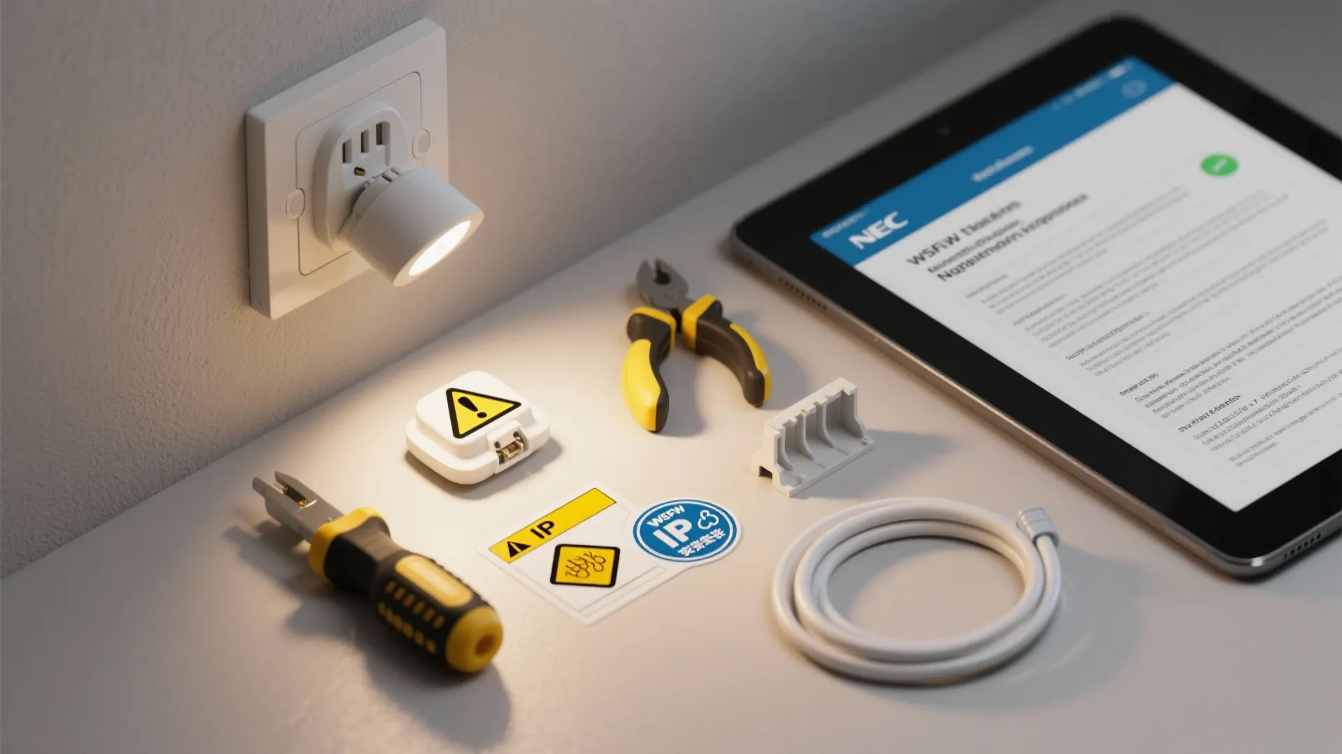 Toolkit and safety icons showing IP ratings, cord channels and a tablet with guidelines for plug-in lights