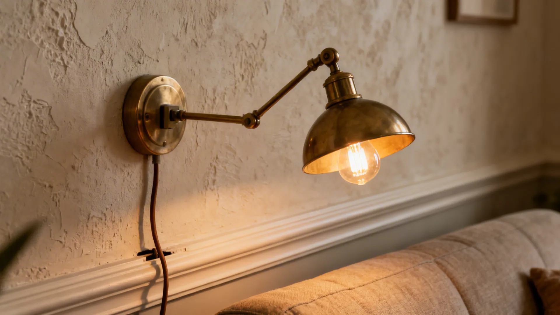 Plug-in swing-arm wall sconce beside sofa with discreet cord concealment
