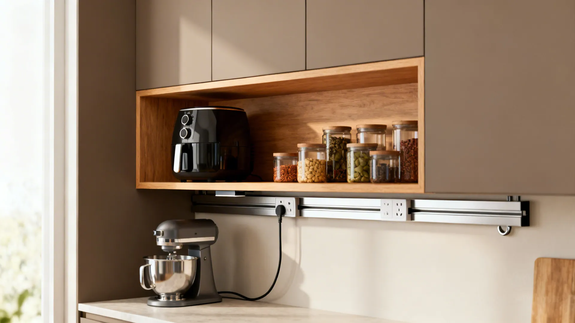 Prep zone with an open shelf holding an air fryer and a concealed plug strip above a mixer grinder.