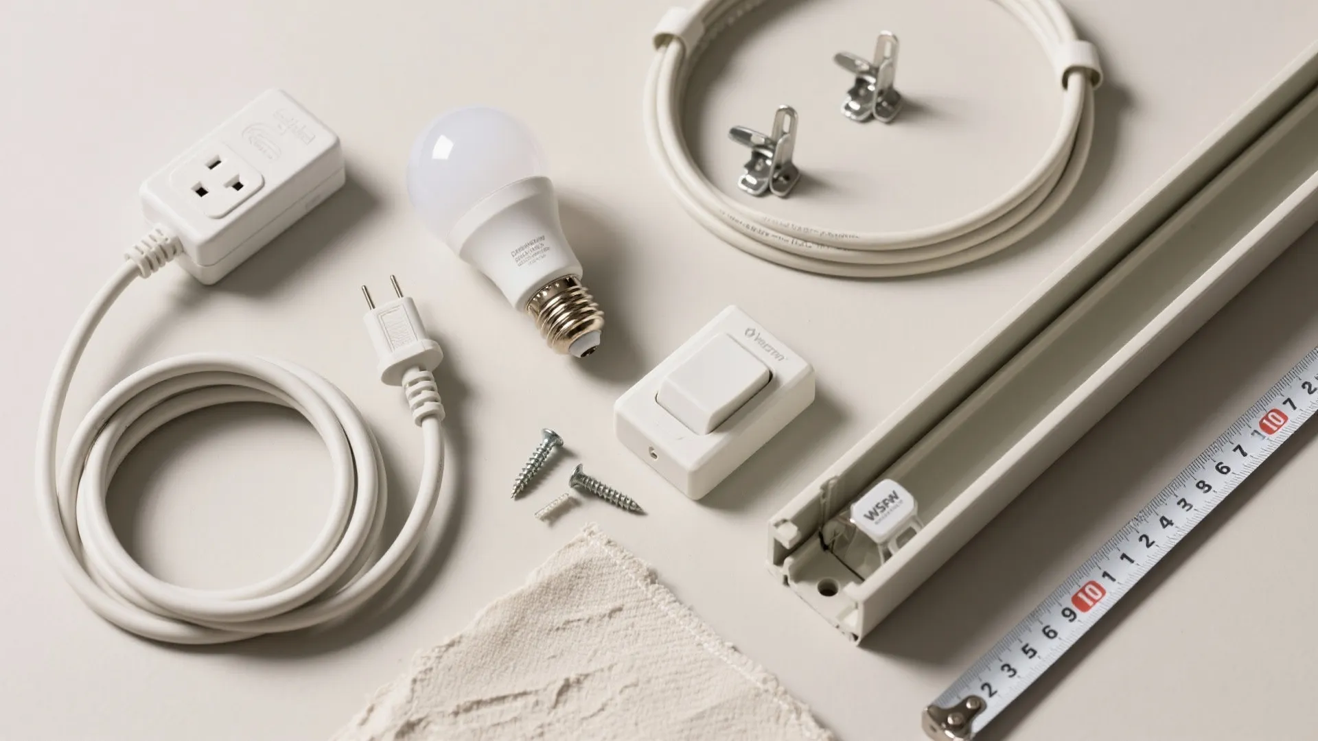 Flatlay of plug-in fixture accessories including LED bulbs, cord switches and cable raceways