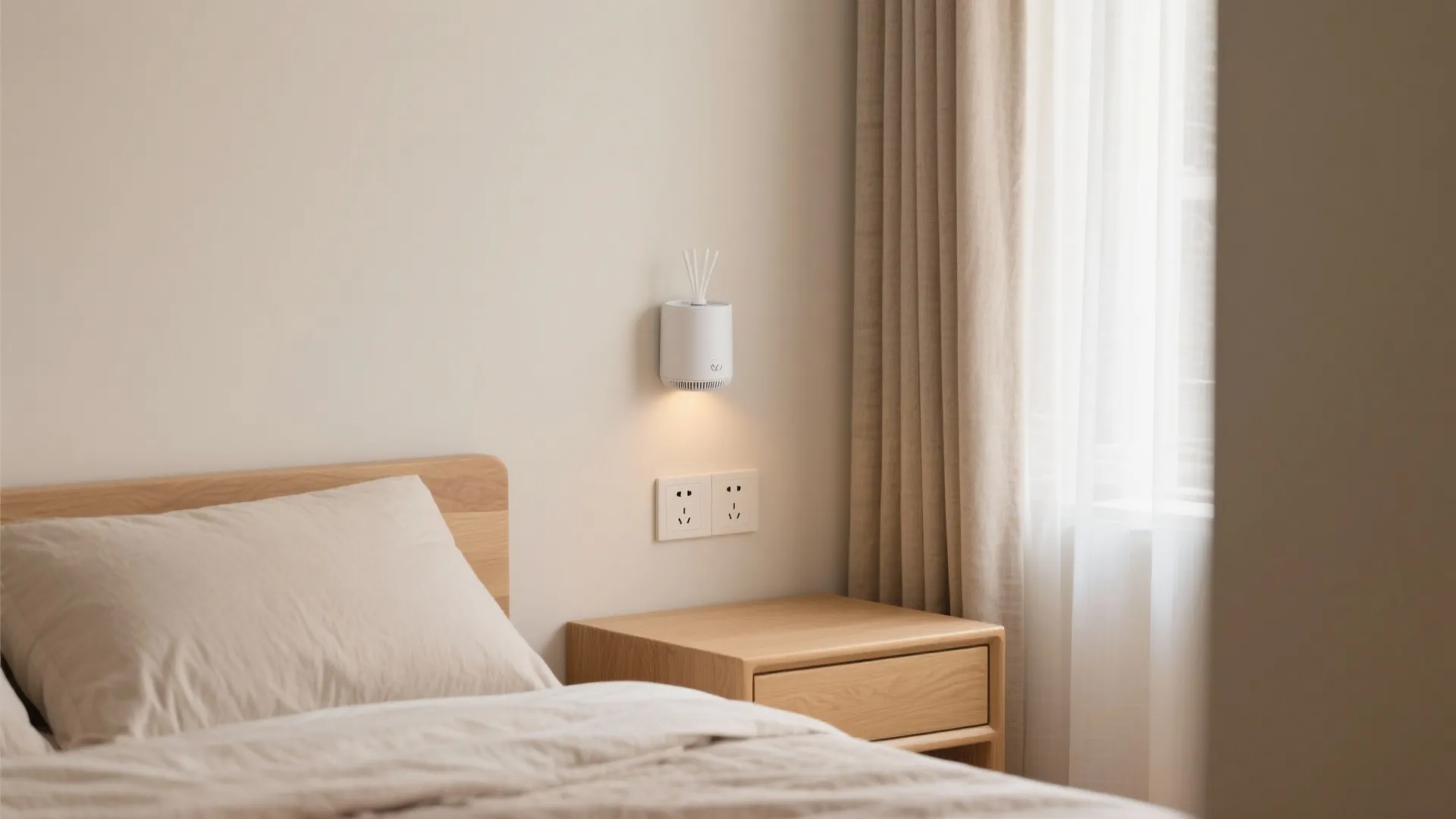 Wall plug-in diffuser in a small bedroom with breathable linens.