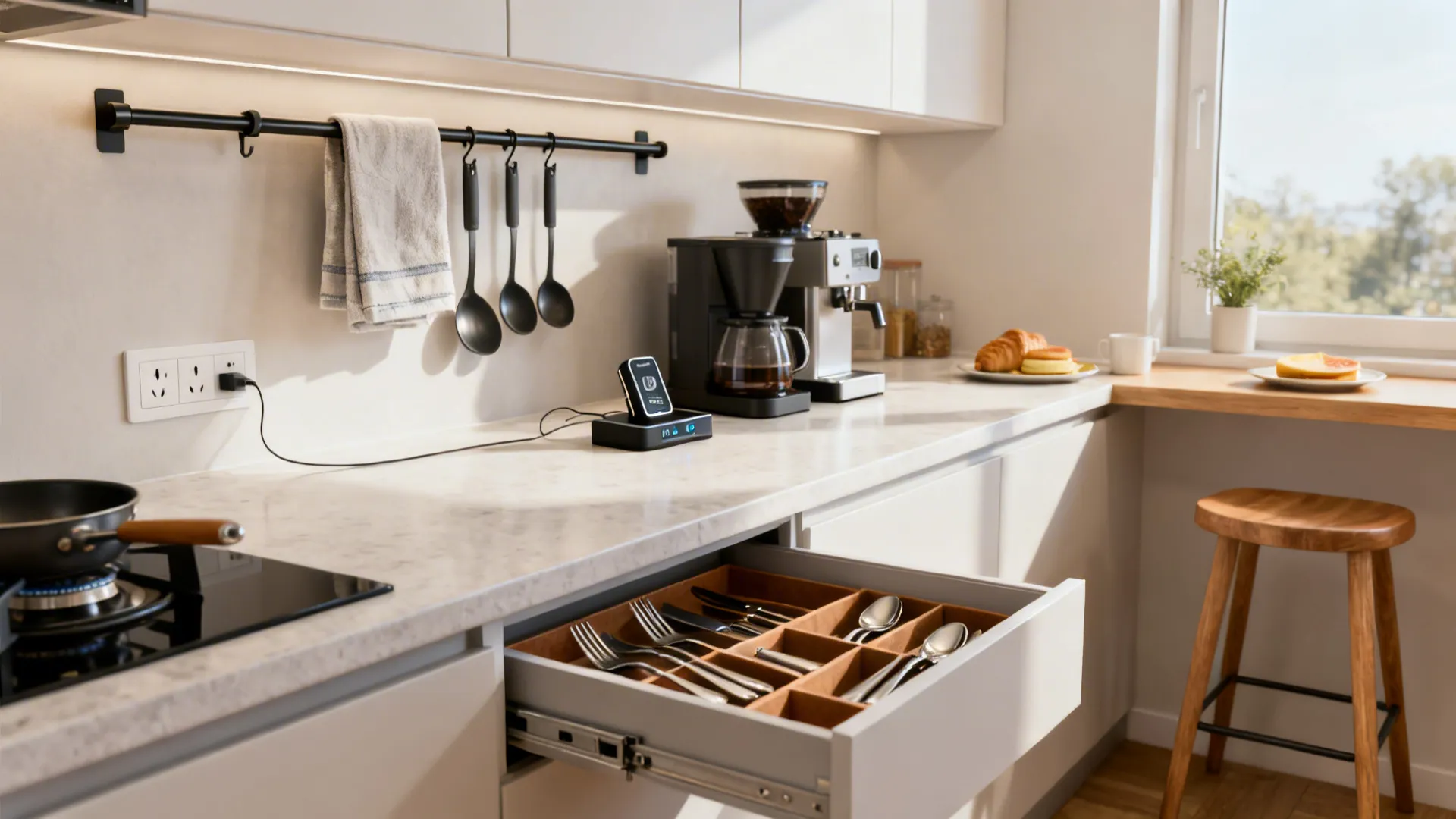 Compact kitchen station with rail system, flip-up outlet, and organized drawers.