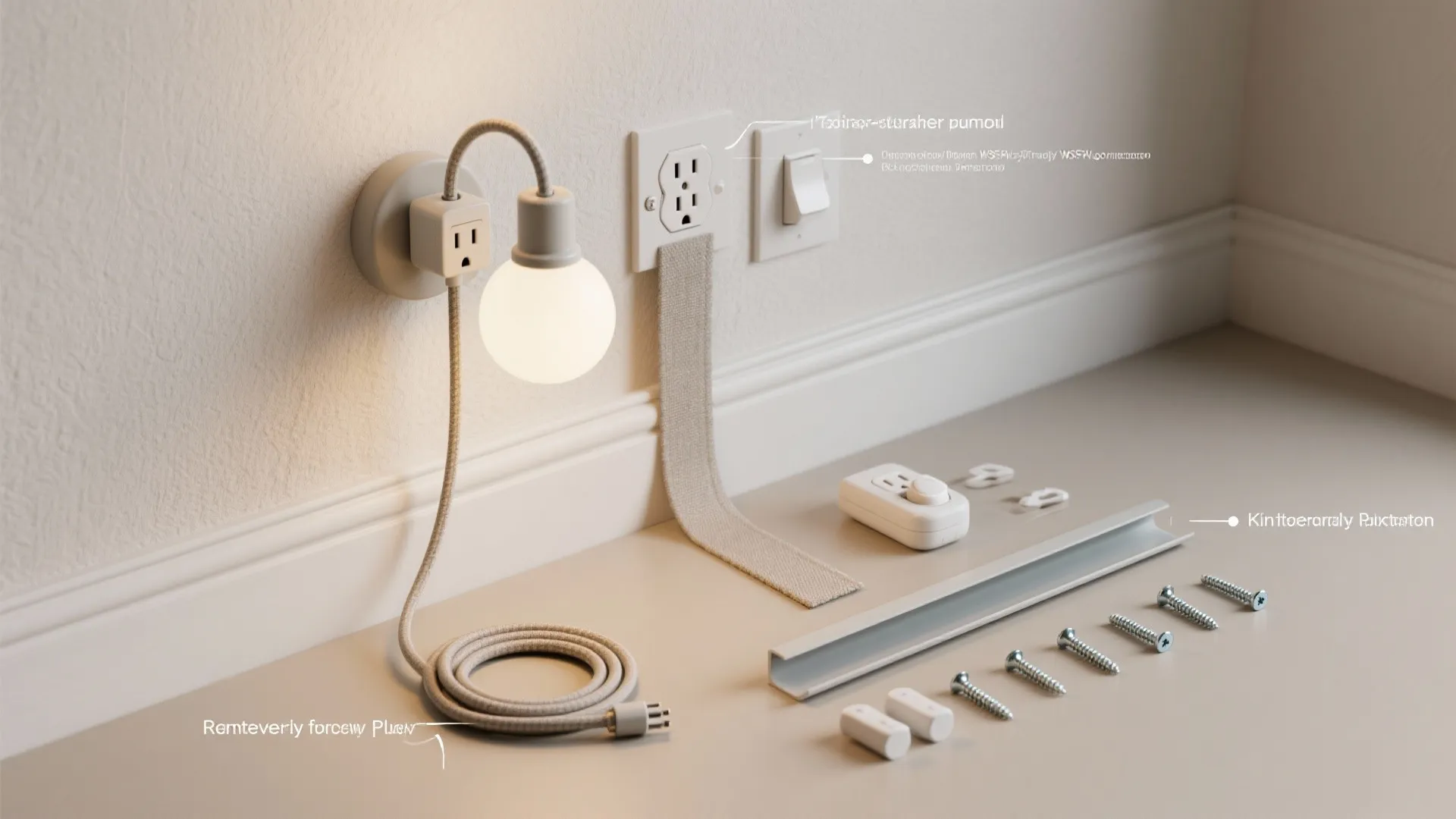 Top-down plan showing a plug-in sconce with fabric cord, inline dimmer, and neat cord covers aligned to trim.
