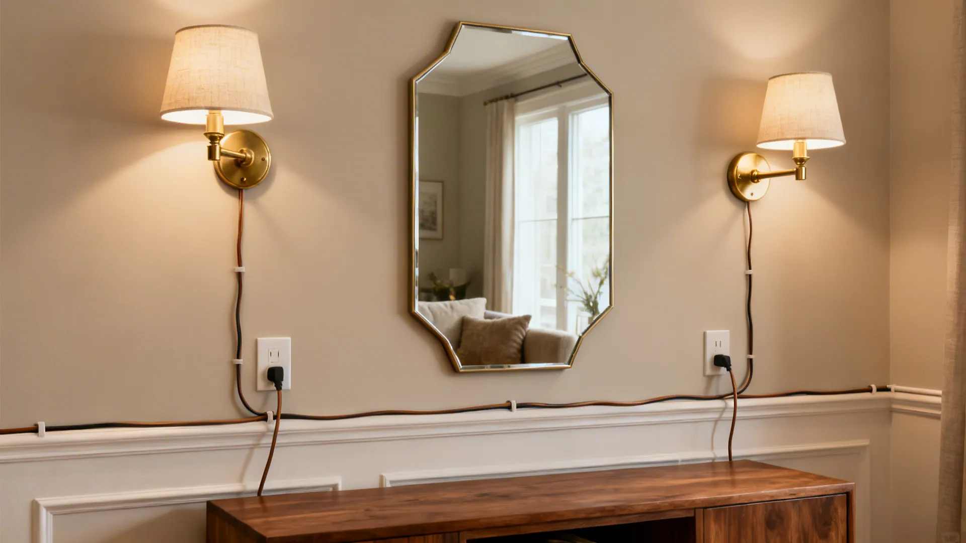 Plug-in wall sconces with neatly routed cord covers flank a mirror for warm eye-level light.