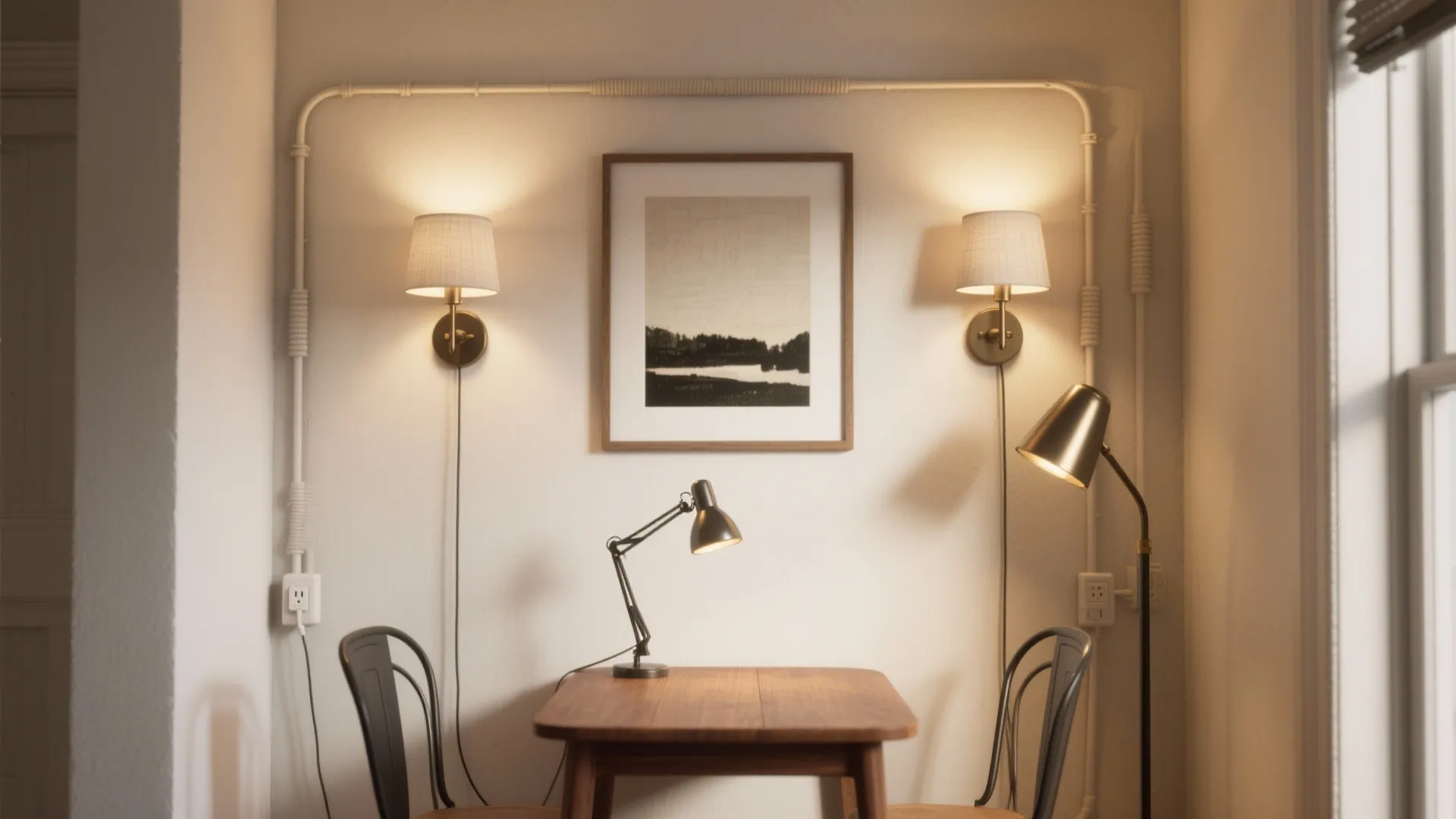 Small wooden table with desk lamp wall lights framed art two metal chairs and floor lamp