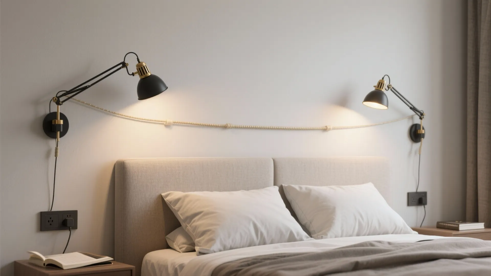 Modern bedroom with two black adjustable wall light fixtures mounted above a grey fabric headboard