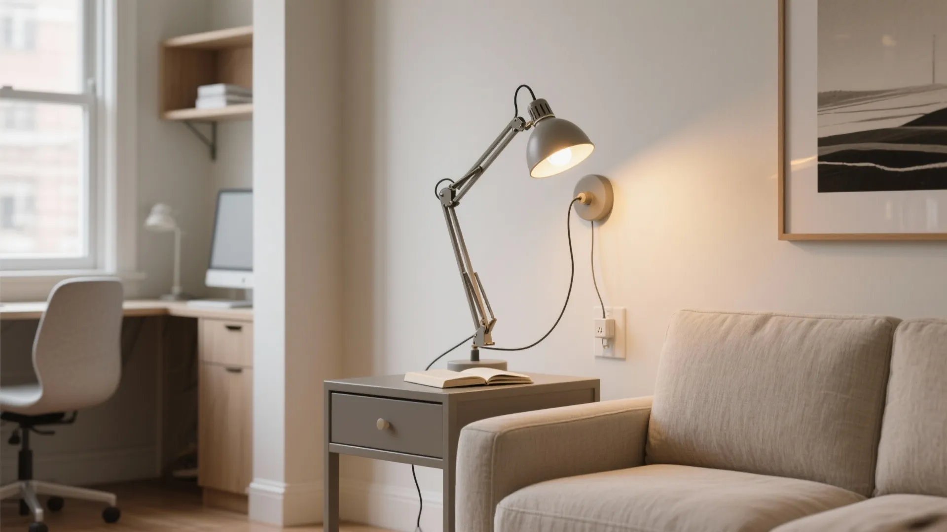 Plug-in swing-arm sconces that flex for reading and hosting