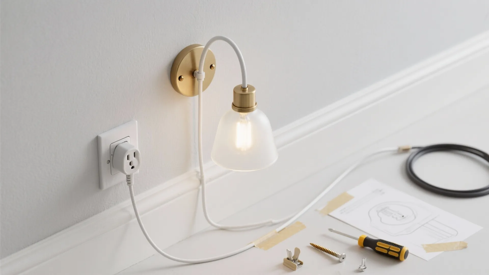Top-down view of plug-in glass sconce setup with cord channel neatly routed to outlet, tools and template arranged.