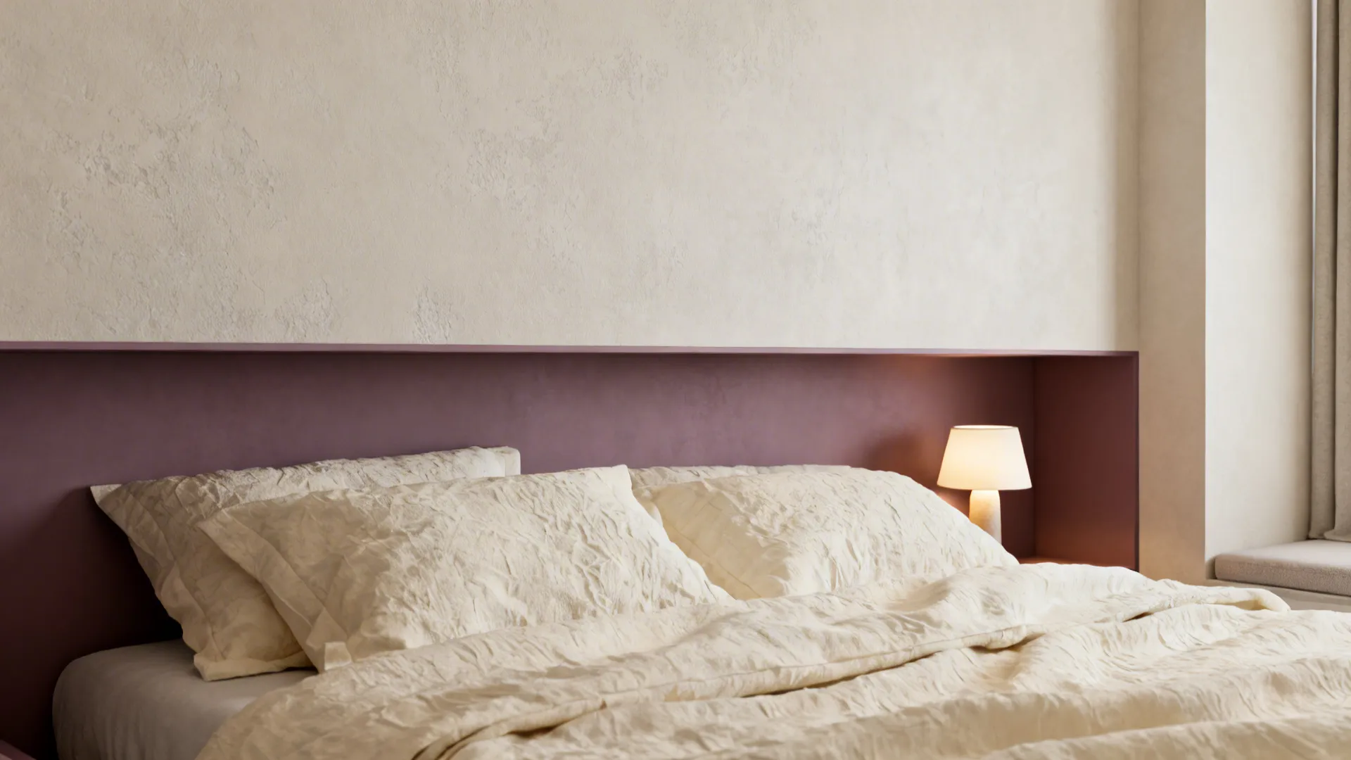 Small bedroom with a deep plum accent wall behind the bed and warm bedside lighting