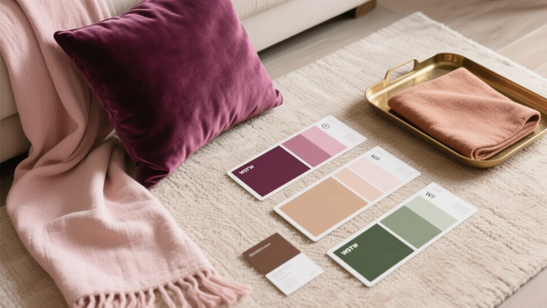 Interior design color palette cards with purple cushions and pink blankets on a soft rug