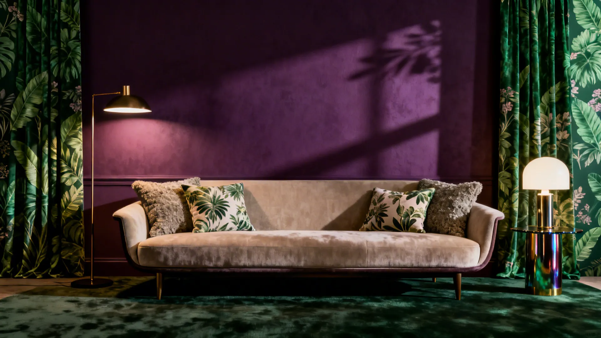 Living room with a deep plum feature wall and botanical green textiles, layered lamps for warmth