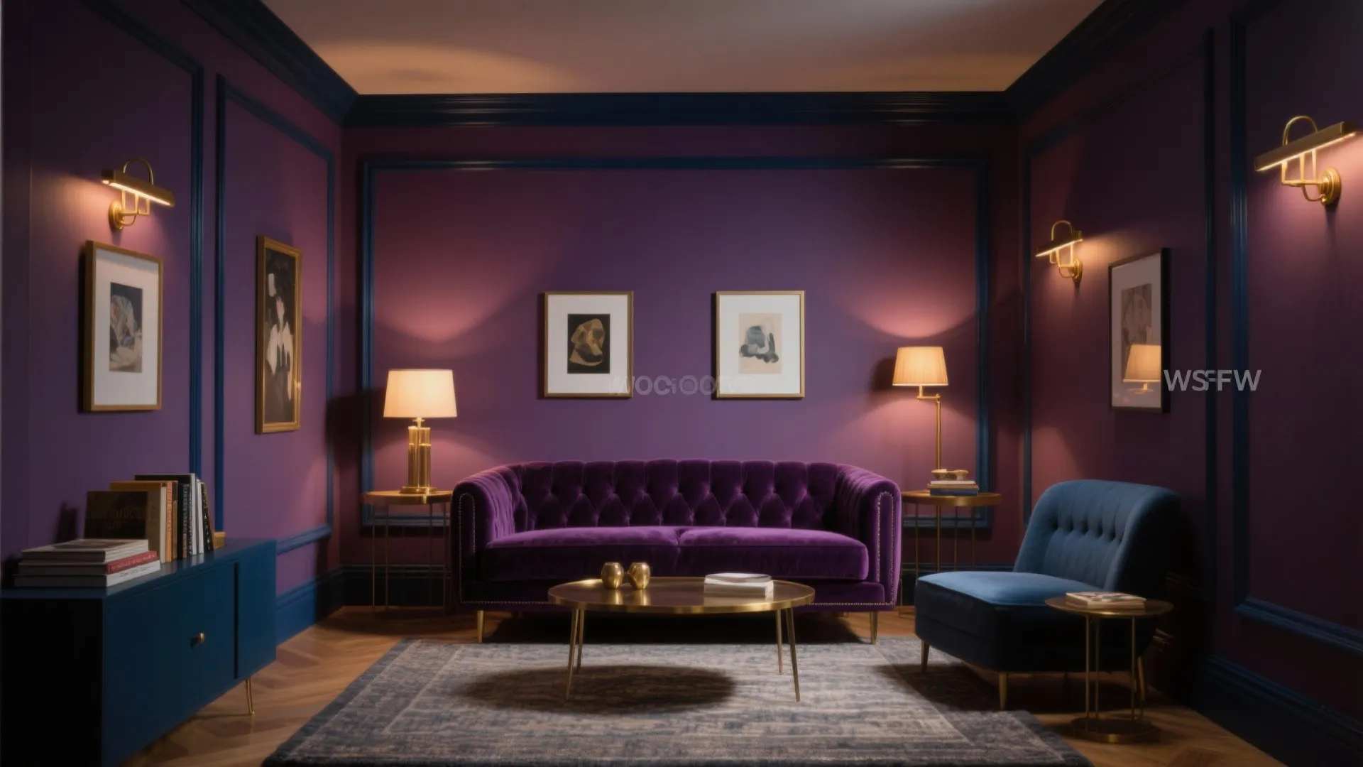 Dark purple living room with velvet sofa, blue chair, gold wall lights, and wall panels