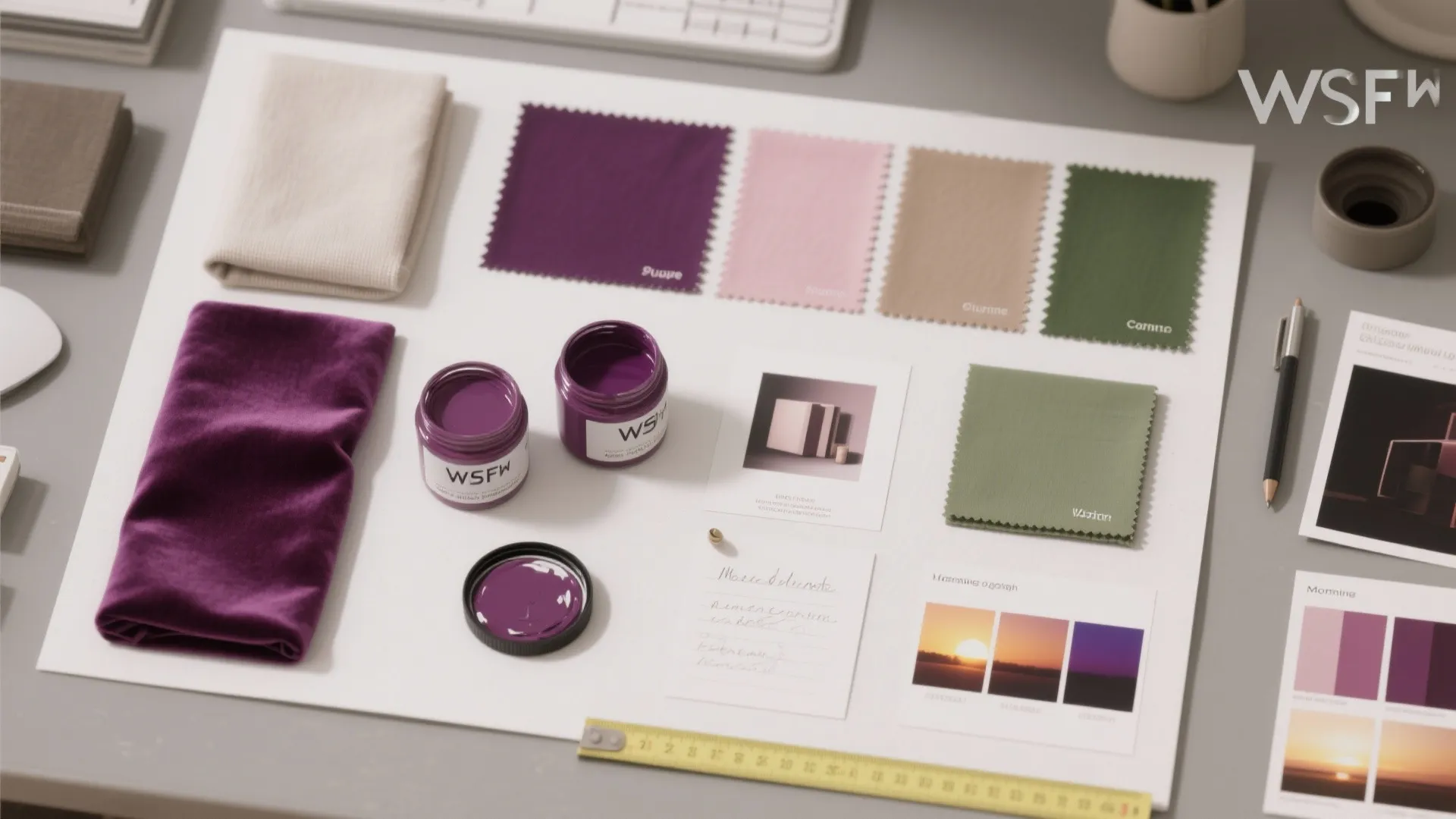 Mood board with fabric swatches purple paint jars and color photos on a white desk