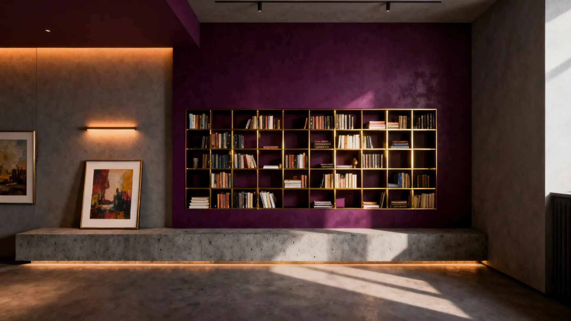 Modern interior featuring a purple feature wall with gold shelves, concrete bench, and wall art