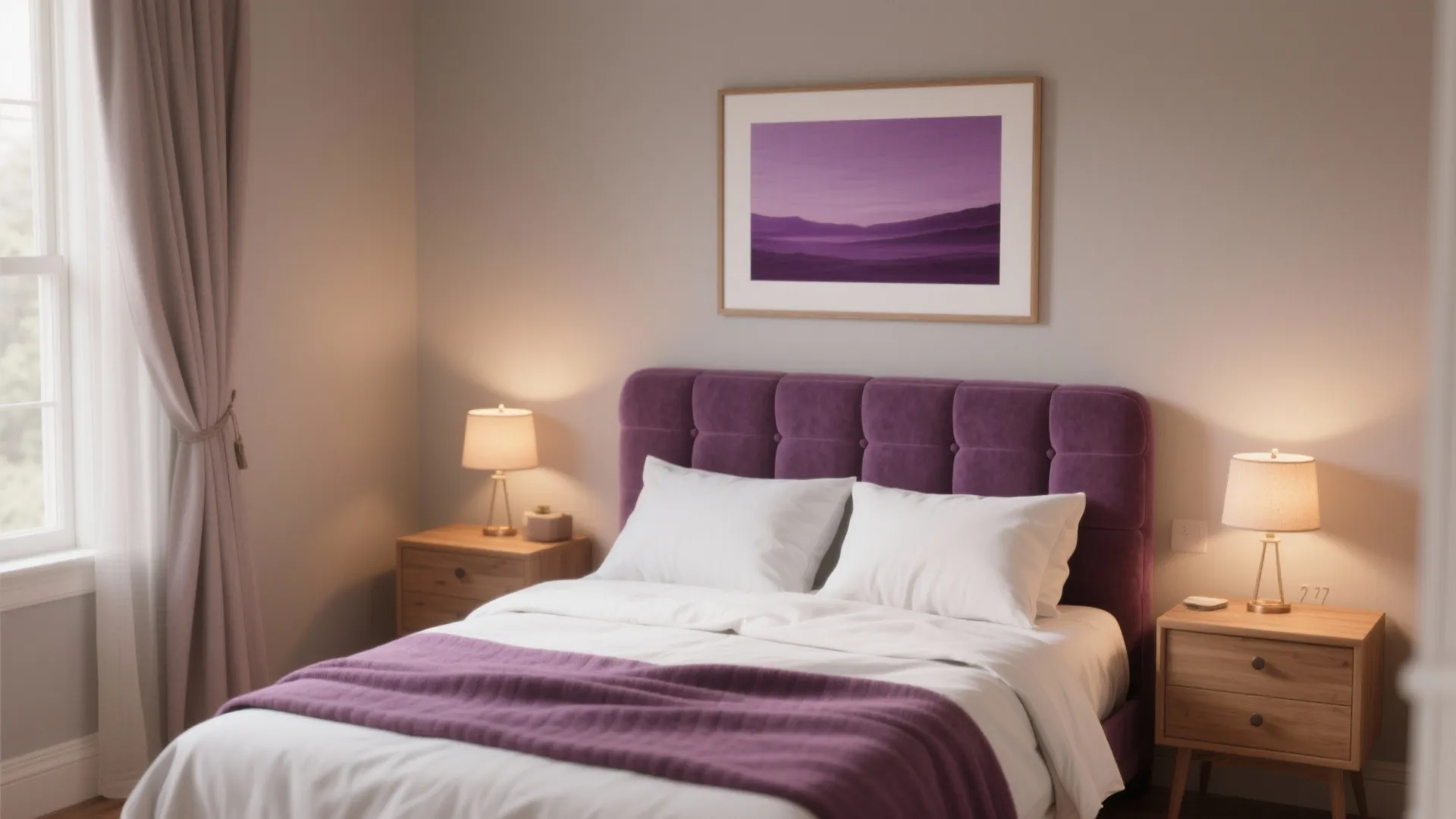 Cozy bedroom with purple bed headboard wooden bedside tables warm lamps and light purple curtains