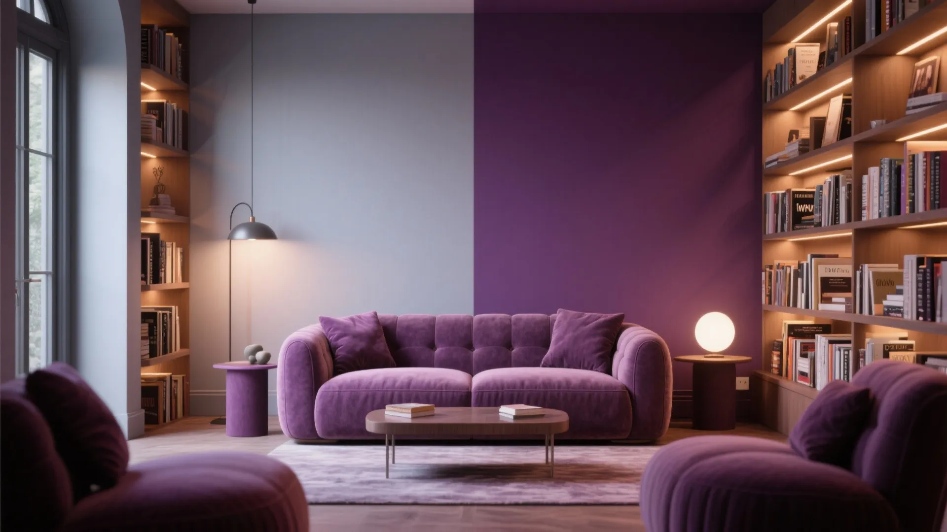Cozy living room with purple sofa bookshelf wall light floor lamp and light gray wall paint