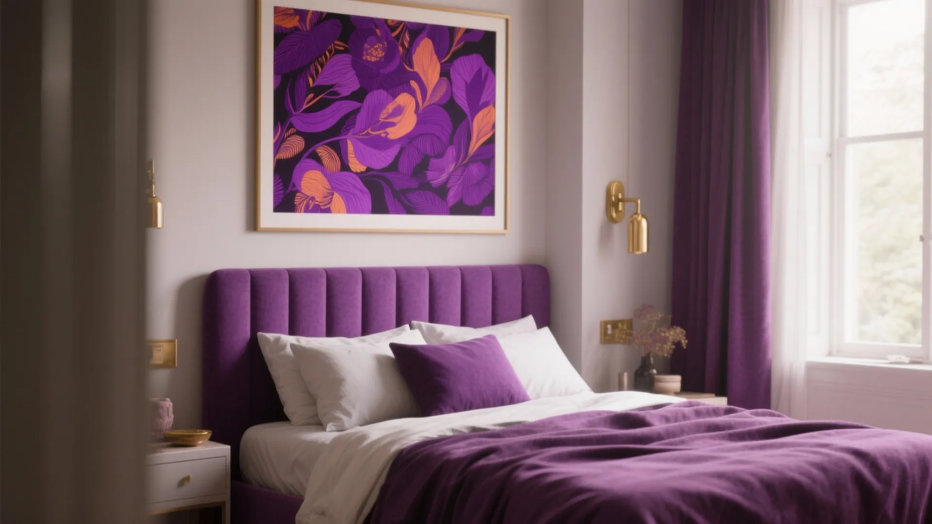 Modern bedroom with purple headboard wall light purple curtains and a large floral wall art