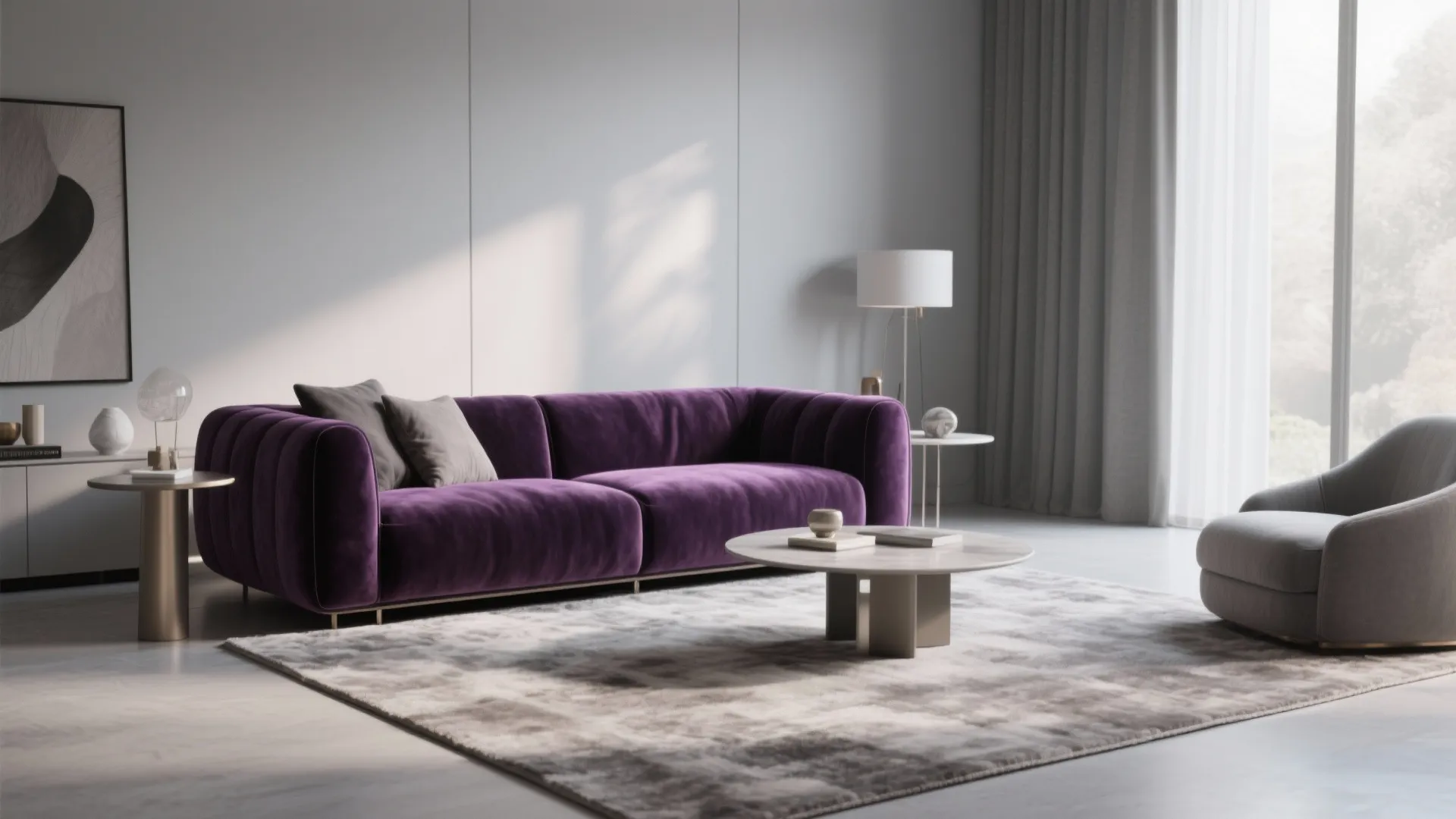 2. Statement Plum Sofa Against Light Gray Backdrop