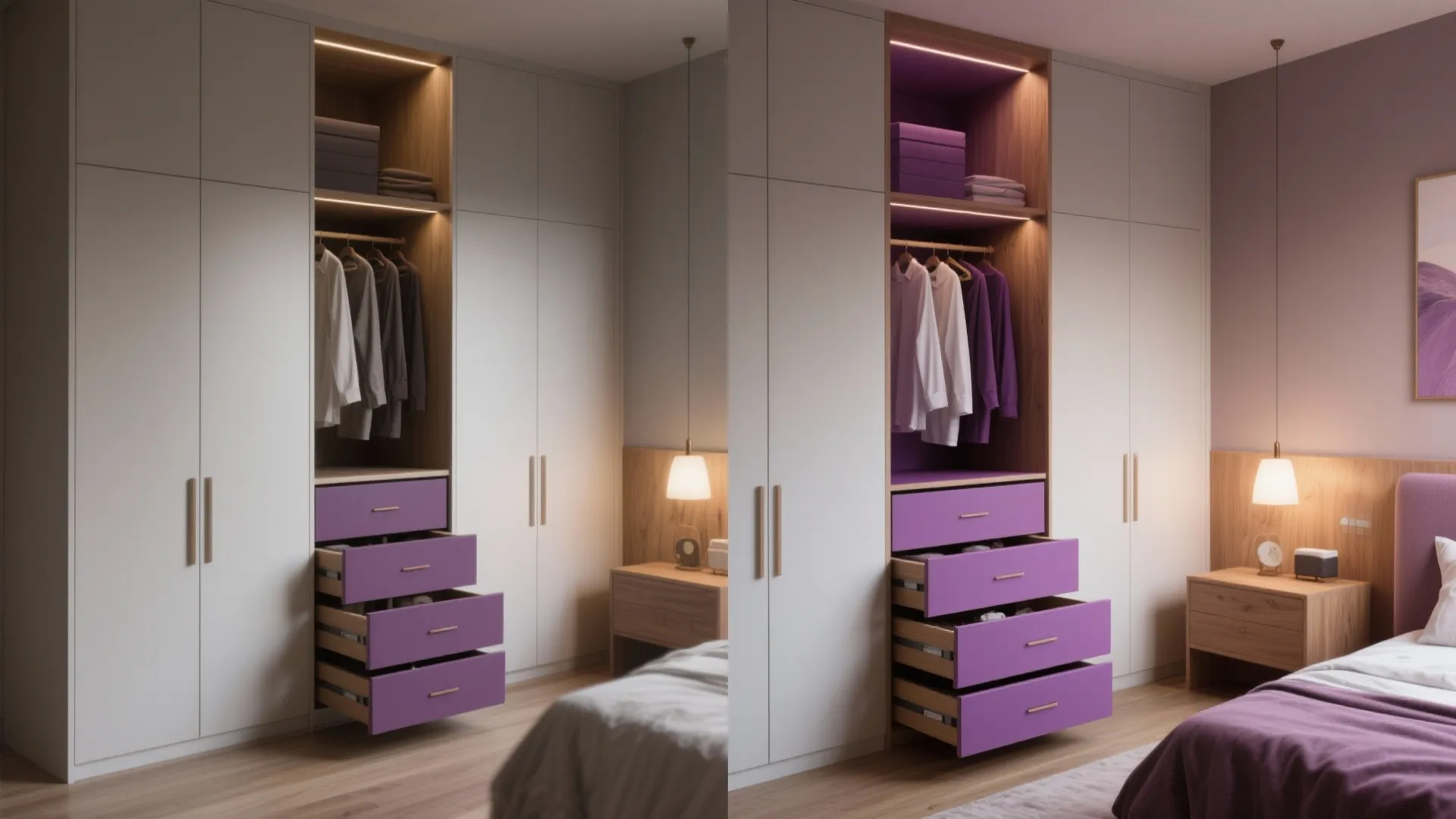 Wardrobe with open purple drawers showing shirts and internal lighting next to a wooden nightstand