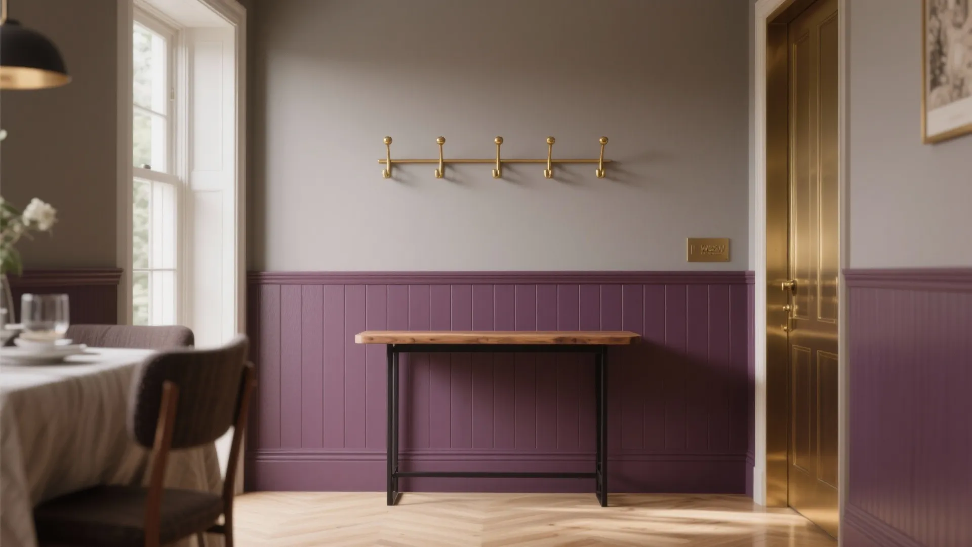Plum + Taupe + Matte Gold (Welcoming Entry or Dining)