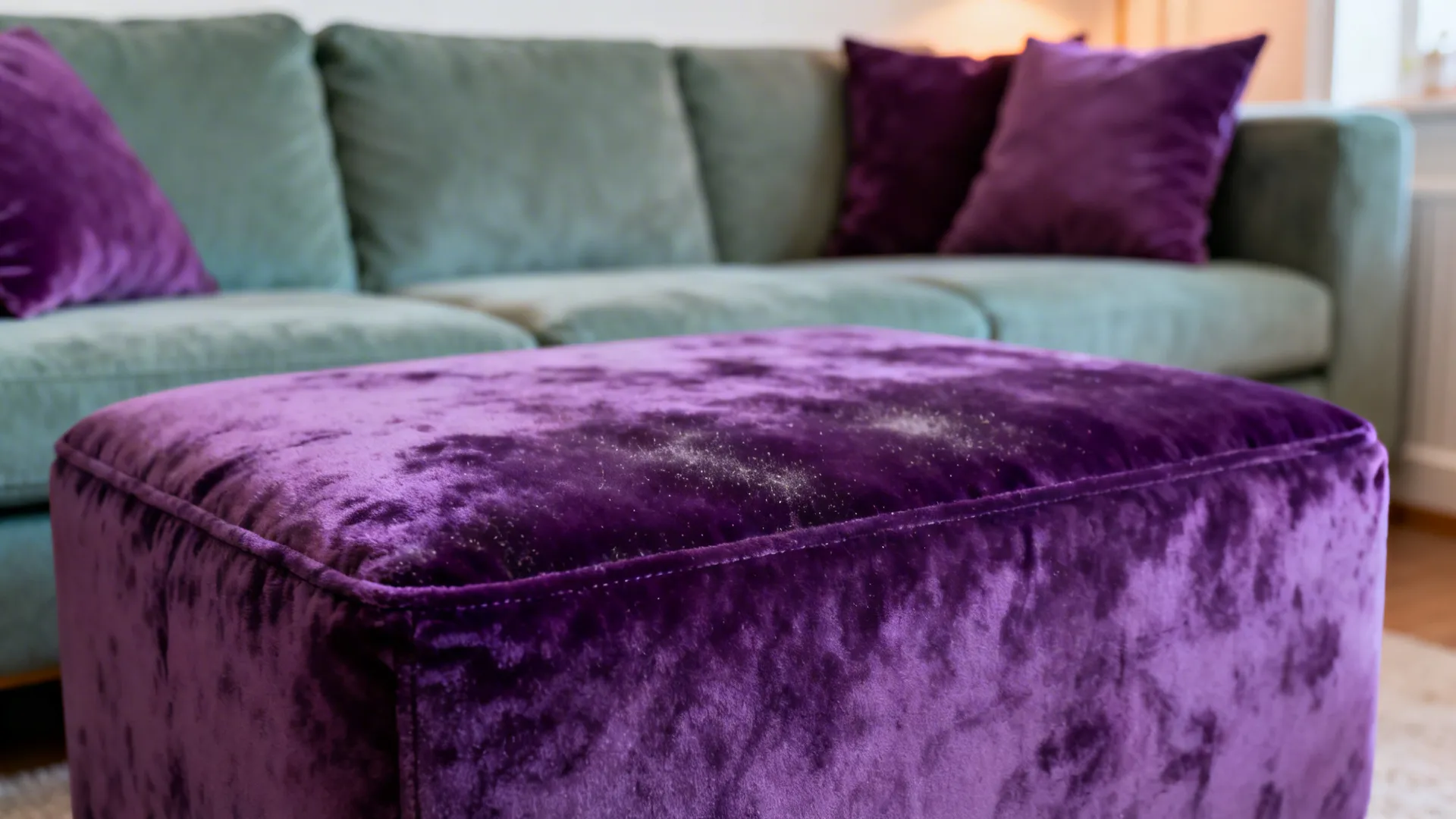 Purple velvet footrest in front of green sofa with purple pillows under warm indoor lighting