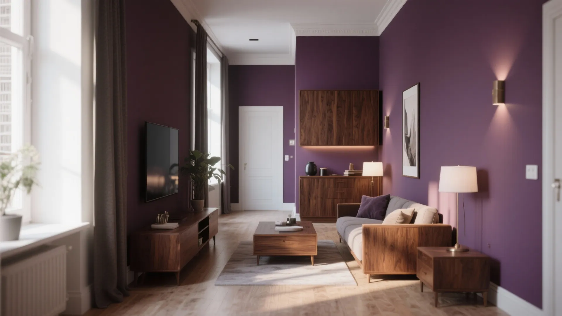 1. Deep Plum Walls with Walnut Furniture