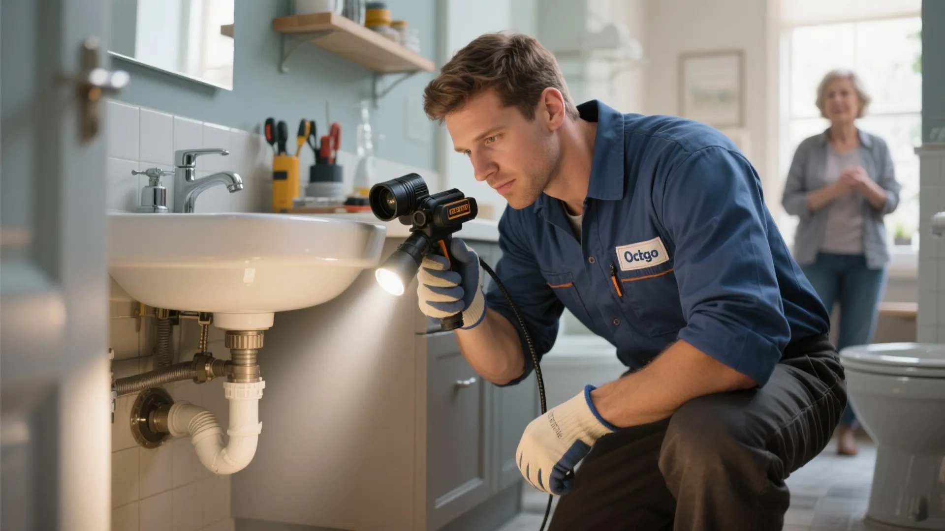 Plumber in blue uniform using a bright flashlight to inspect white bathroom sink pipes indoors