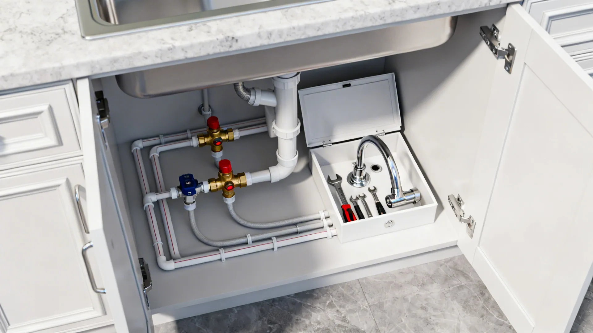 Top-down view inside a sink cabinet showing accessible shut-off valves and tidy supply lines for easy maintenance.