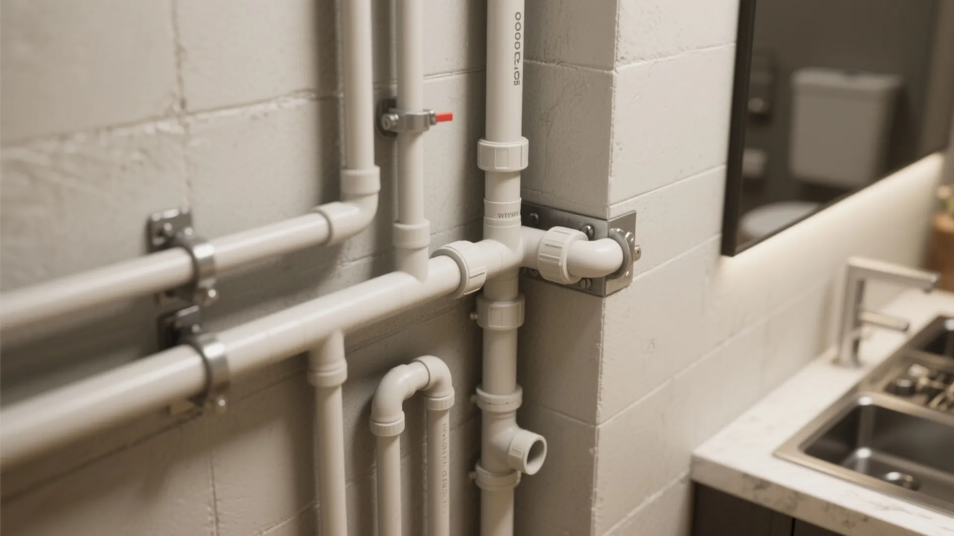 Detail of clustered plumbing runs in a compact ranch layout illustrating efficient piping placement.