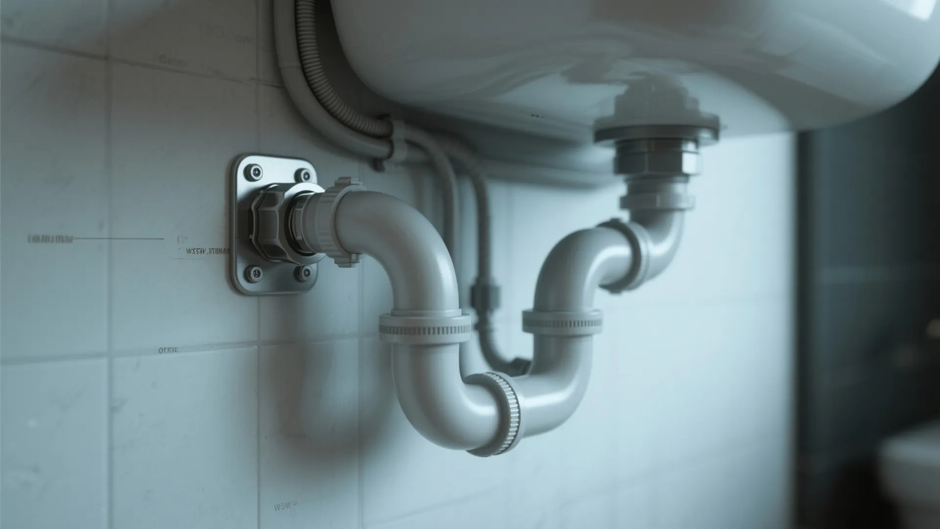 Close up view of white plastic drain pipes connected to a wall under bathroom sink