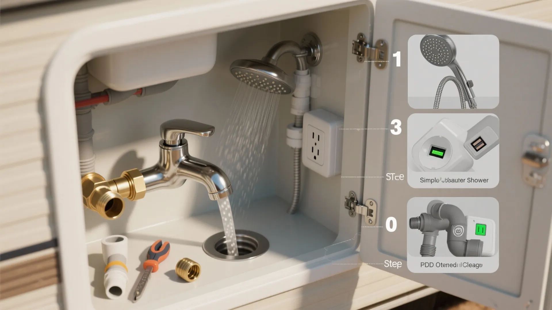 Interior cabinet showing water tap shower head power outlet and small plumbing parts for mobile home
