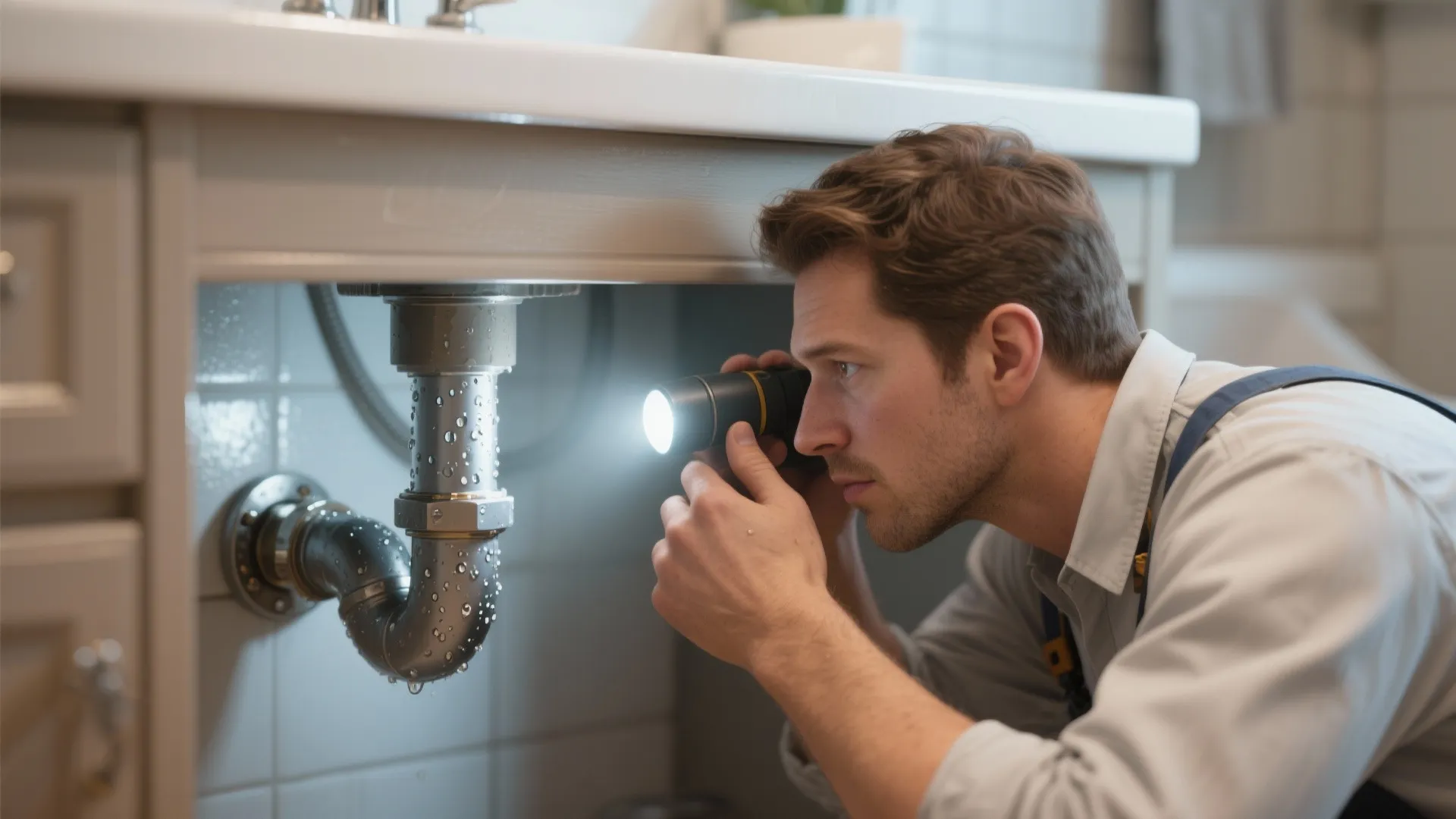 Plumber inspecting under-vanity plumbing for slow leaks and moisture.