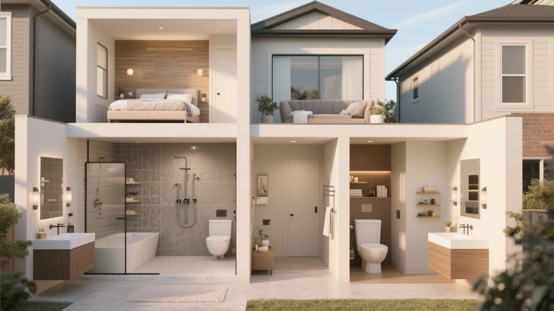 4. Ensuite + Shared Bathroom + Powder Room Setup