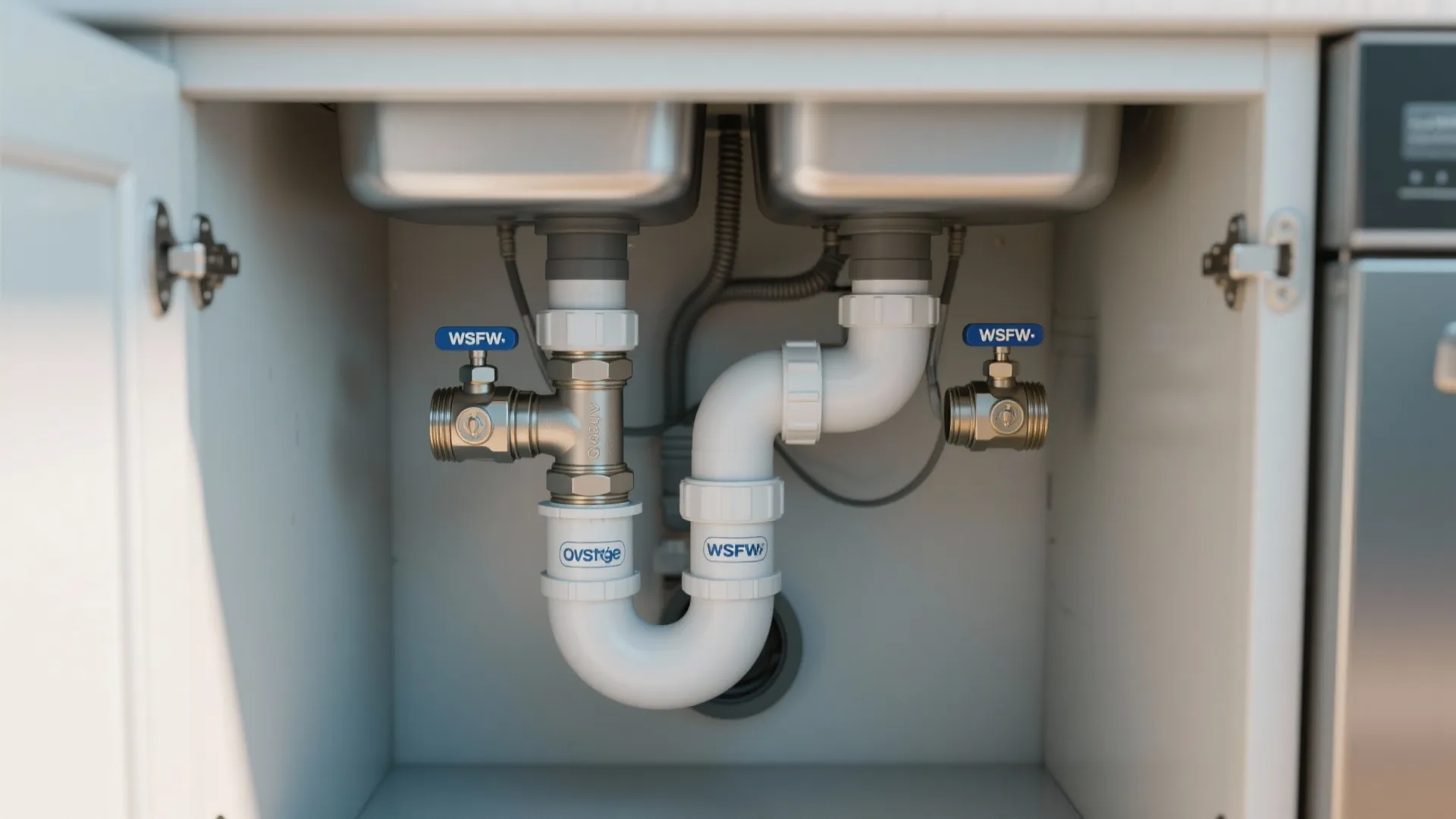 Close-up of shared drain trap and accessible shutoff valves under sink for two dishwashers.