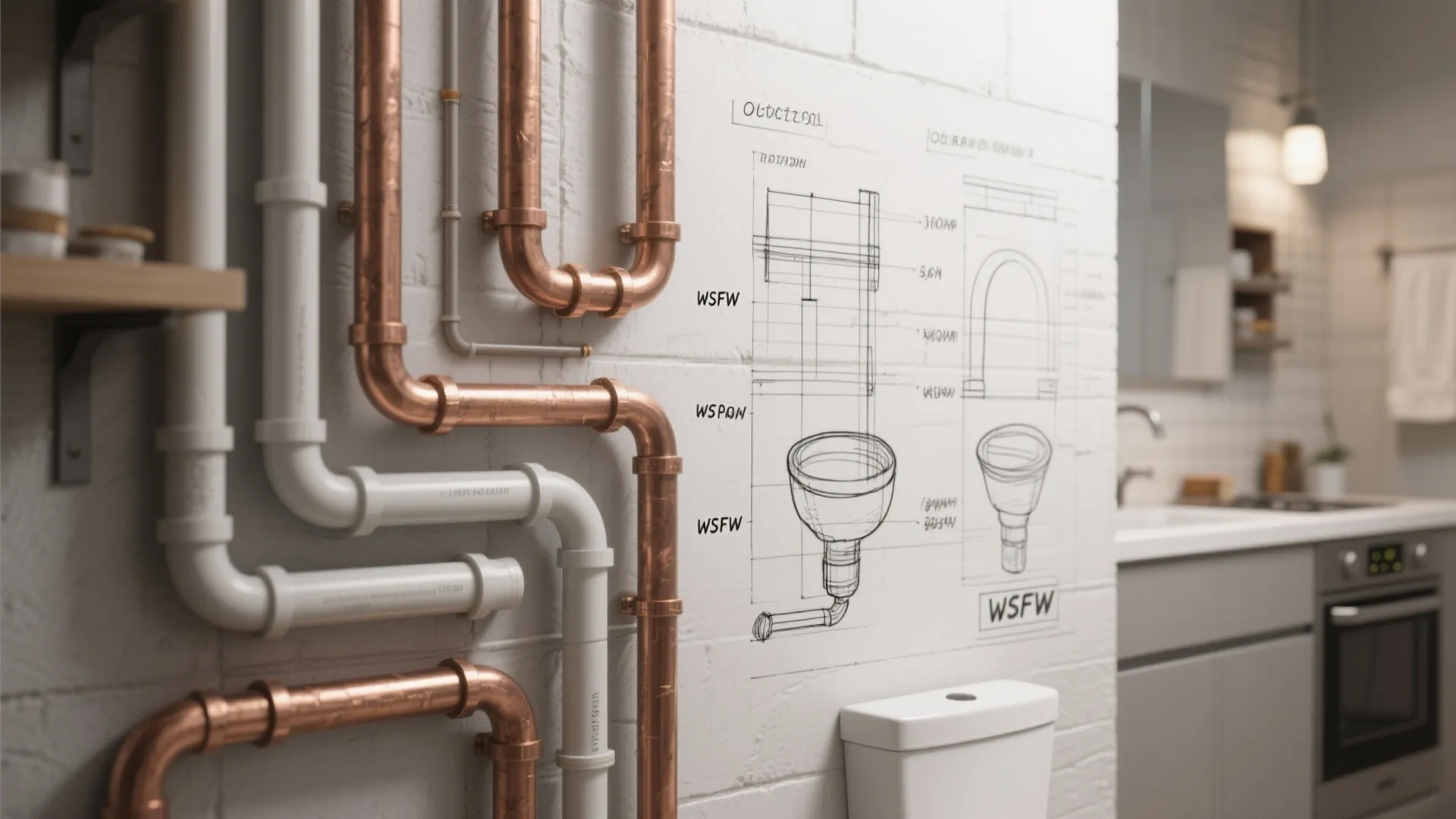Close view of plumbing stack diagram and pipe examples showing aligned plumbing for cost savings.