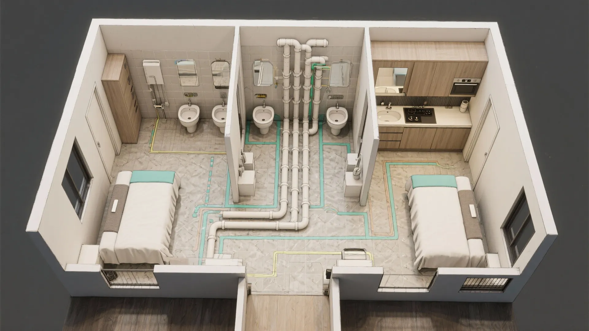 4. Shared wet zones and efficient plumbing stacks