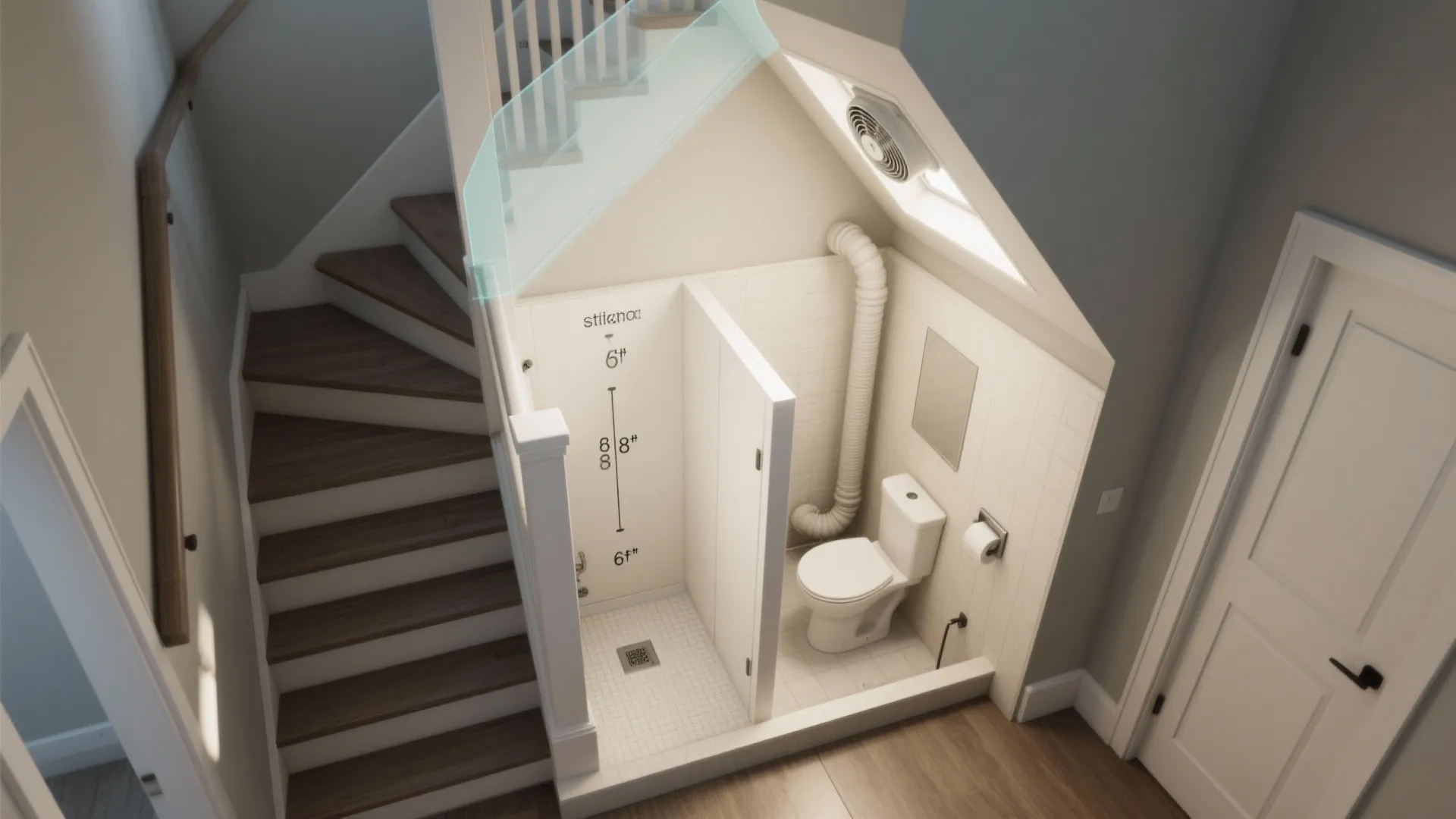 Interior design drawing showing shower and toilet layout with measurements and pipes under wooden stairs