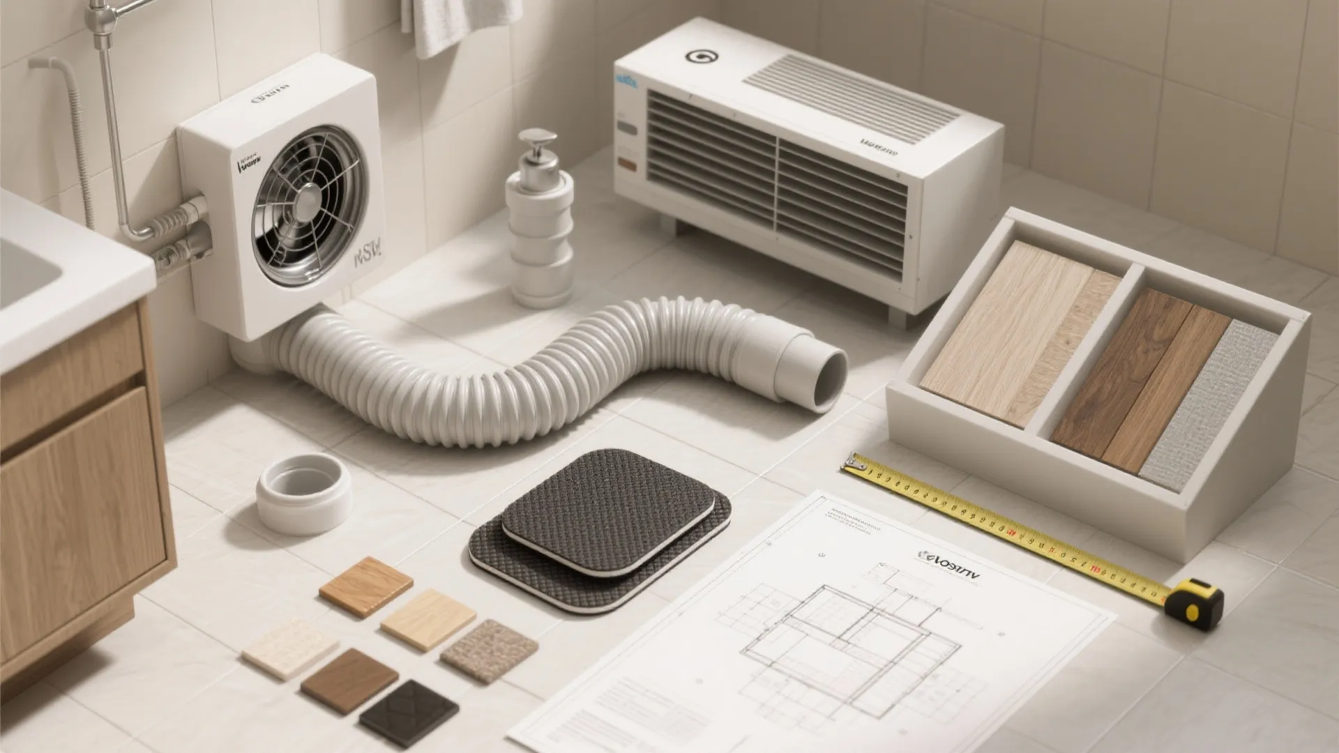Bathroom ventilation system parts with floor plan drawing and material samples for a home renovation project