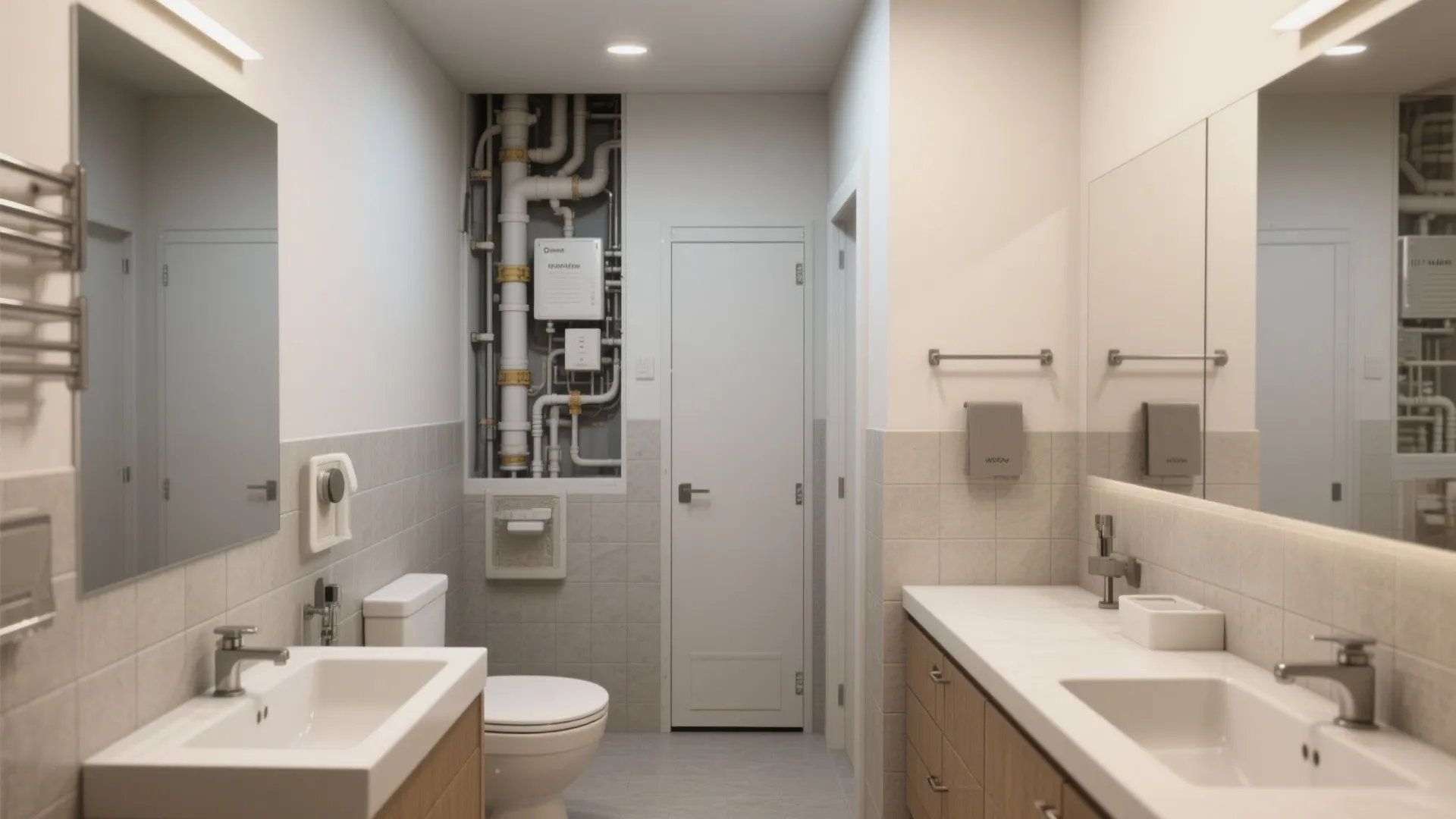 Back-to-back full and half bathrooms aligned on a single plumbing wall with a visible mechanical chase panel.