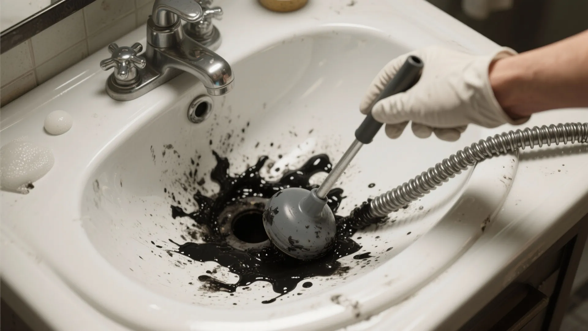 Person wearing glove using a grey plunger to clear black sludge from a white sink