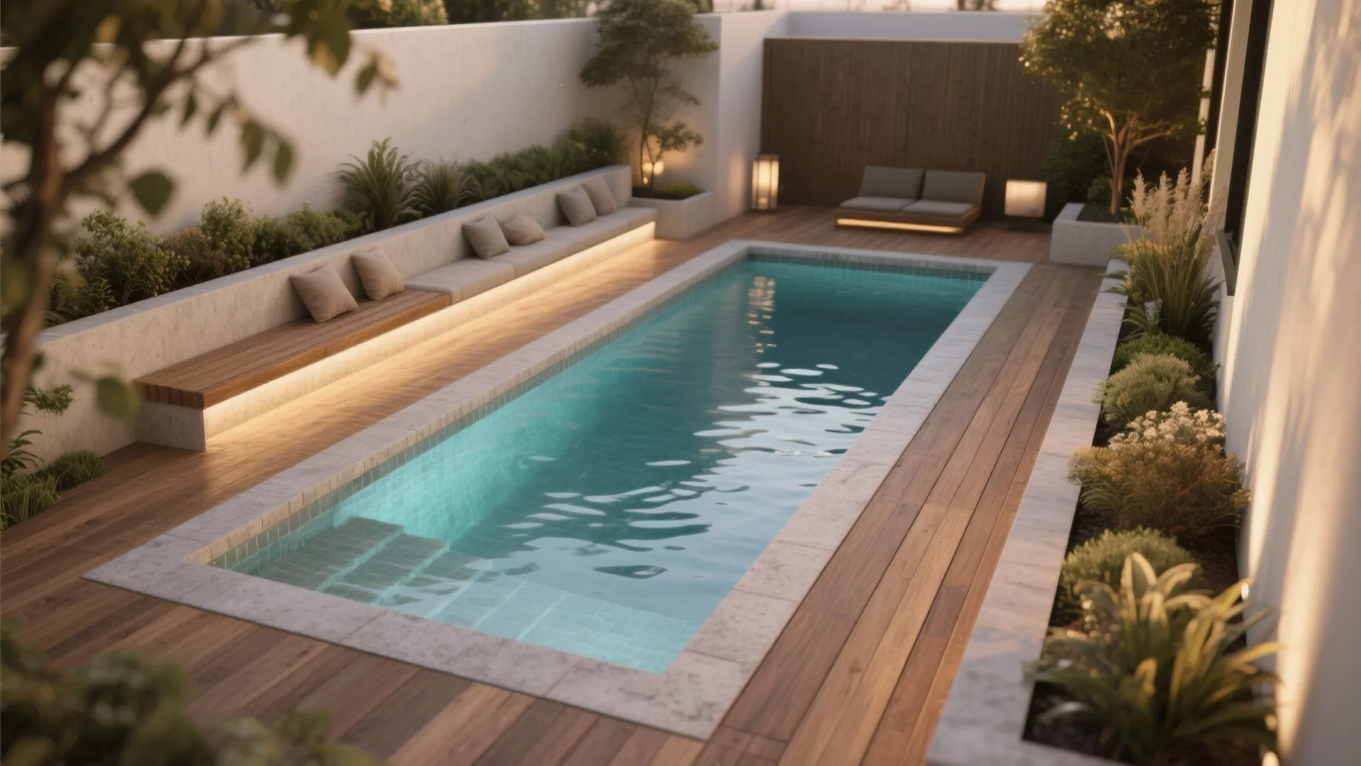 Modern backyard swimming pool with wooden deck stone bench seating warm lighting and green garden plants